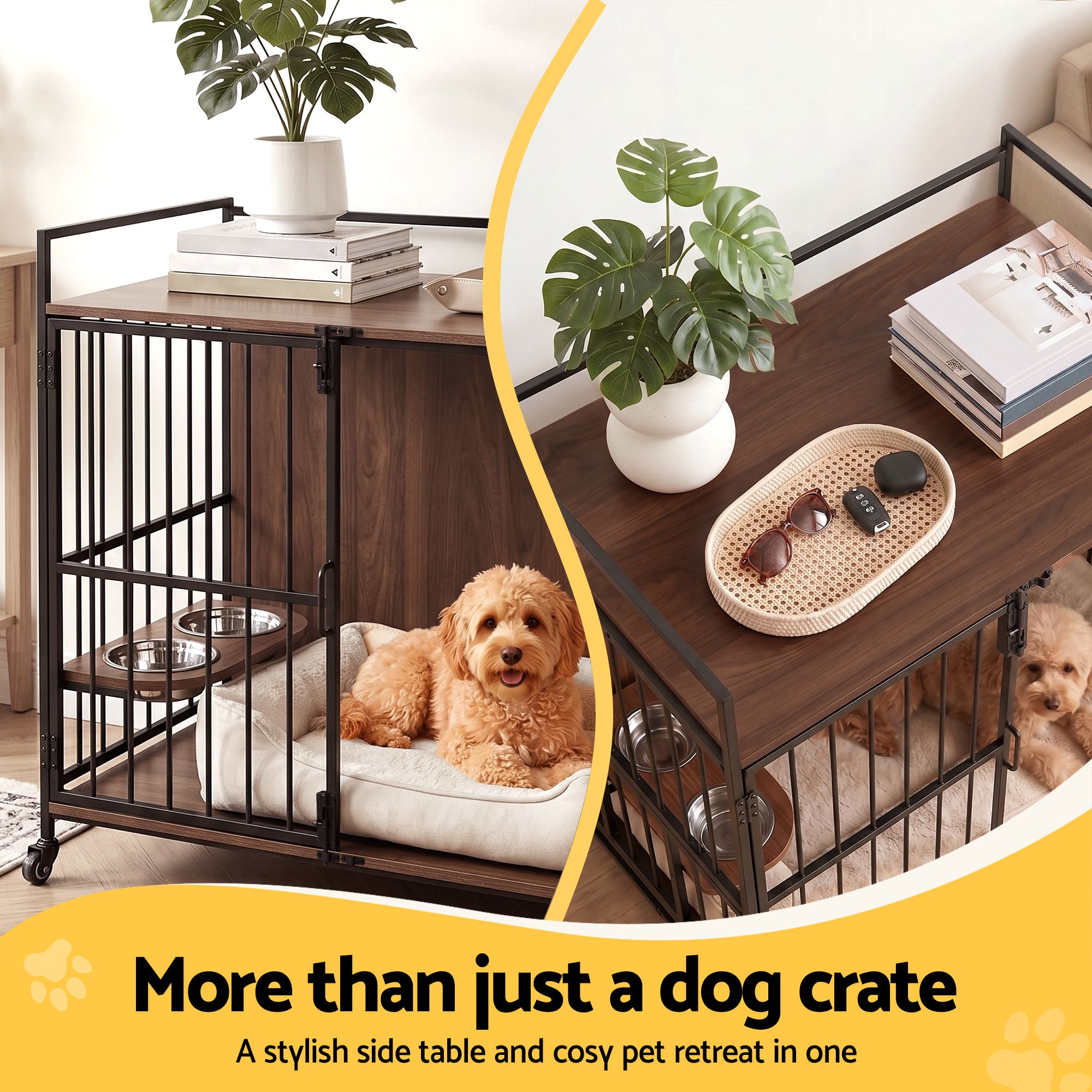 i.Pet 2-in-1 Wooden Dog Crate 99cm Pet Cage Furniture End Table Wheels Black