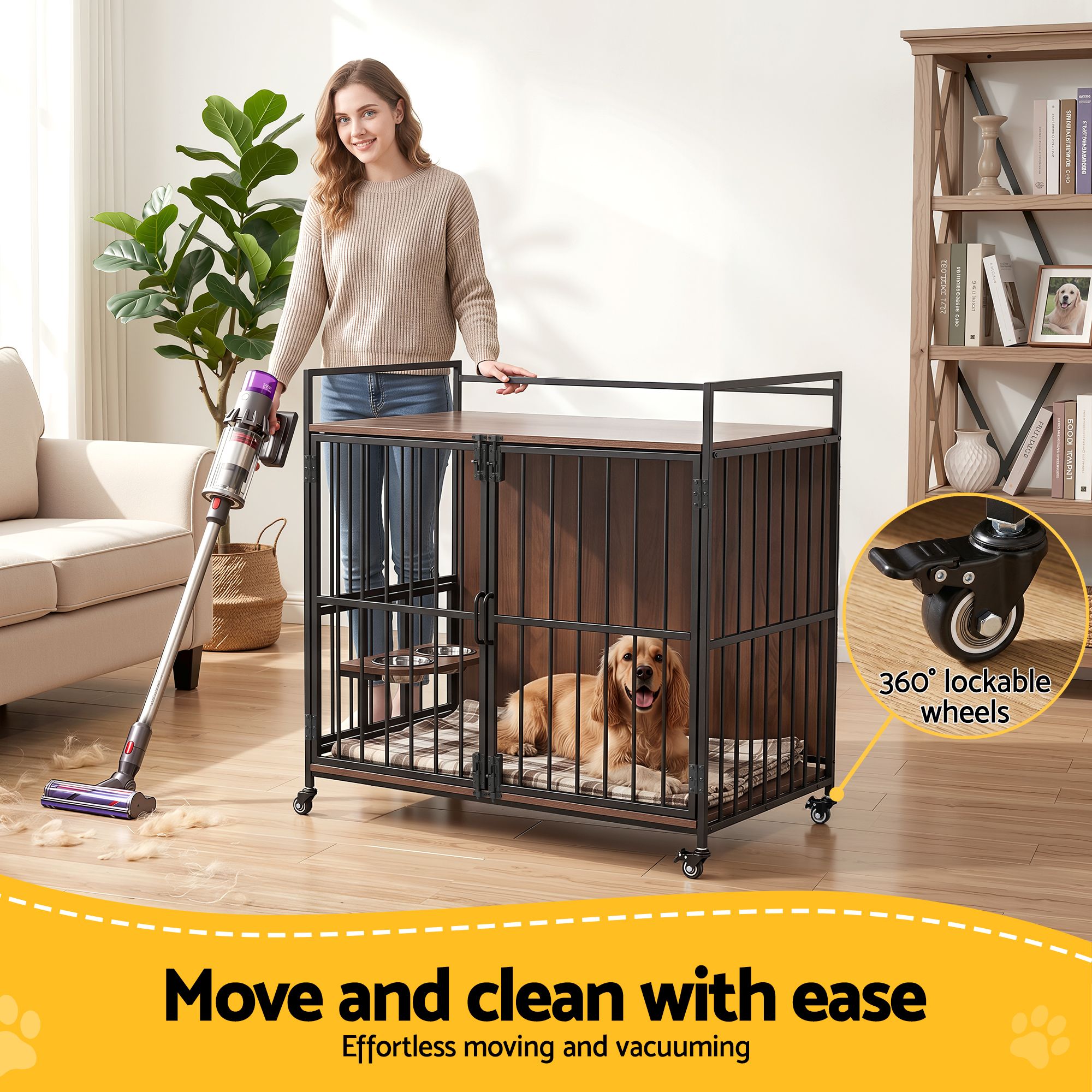 i.Pet 2-in-1 Wooden Dog Crate 99cm Pet Cage Furniture End Table Wheels Black