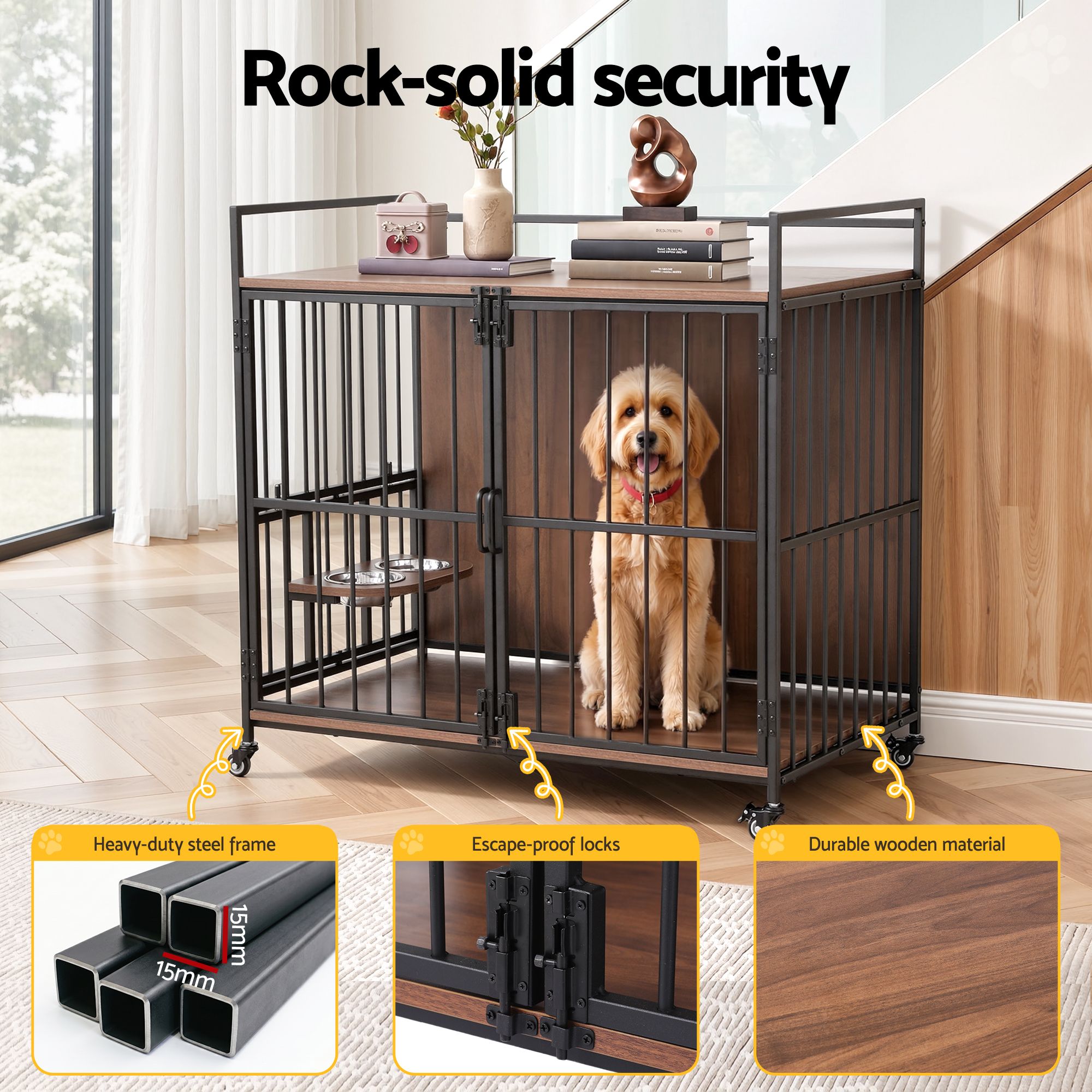 i.Pet 2-in-1 Wooden Dog Crate 99cm Pet Cage Furniture End Table Wheels Black