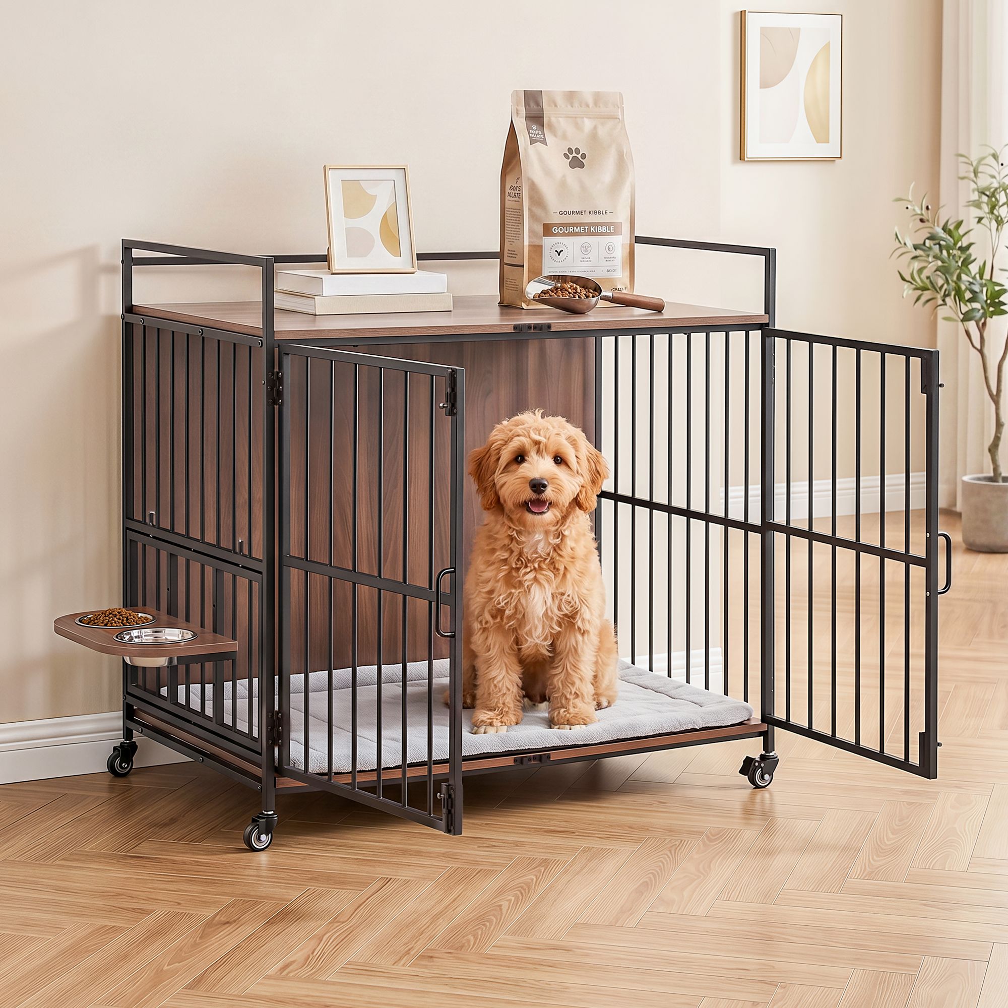 i.Pet 2-in-1 Wooden Dog Crate 99cm Pet Cage Furniture End Table Wheels Black