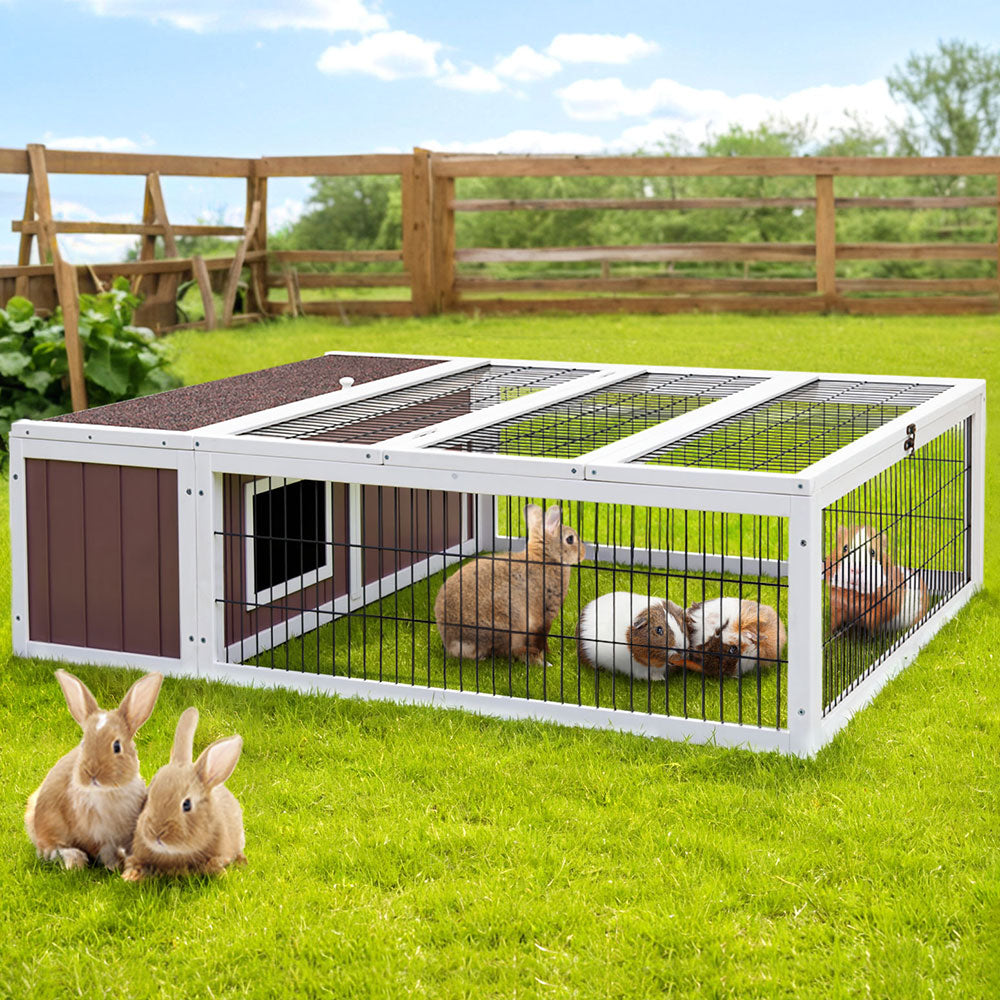 Small Animal Habitats & Cages: i.Pet Rabbit Hutch 124cm x 90cm x 35cm Chicken Coop Large Outdoor Wooden Run Cage House