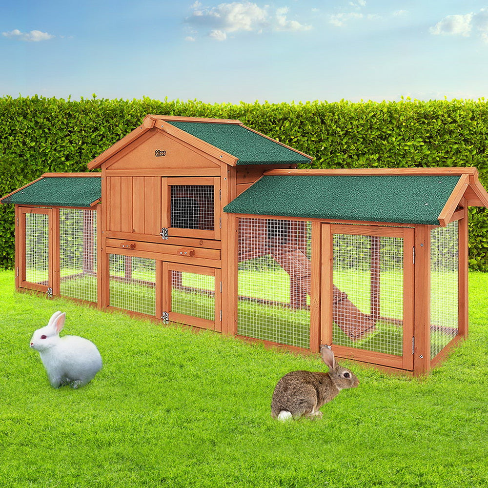 Small Animal Habitats & Cages: i.Pet Chicken Coop Rabbit Hutch 220cm x 44cm x 84cm Large Chicken Coop Run Wooden Outdoor Cage House