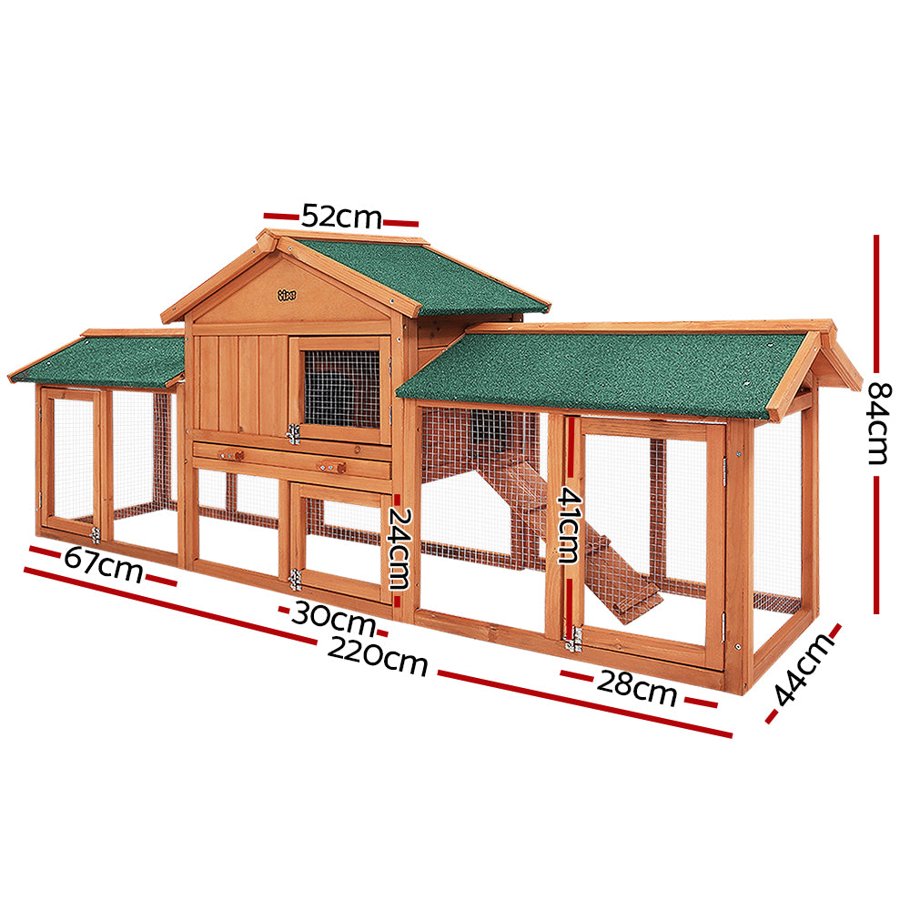 Small Animal Habitats & Cages: i.Pet Chicken Coop Rabbit Hutch 220cm x 44cm x 84cm Large Chicken Coop Run Wooden Outdoor Cage House