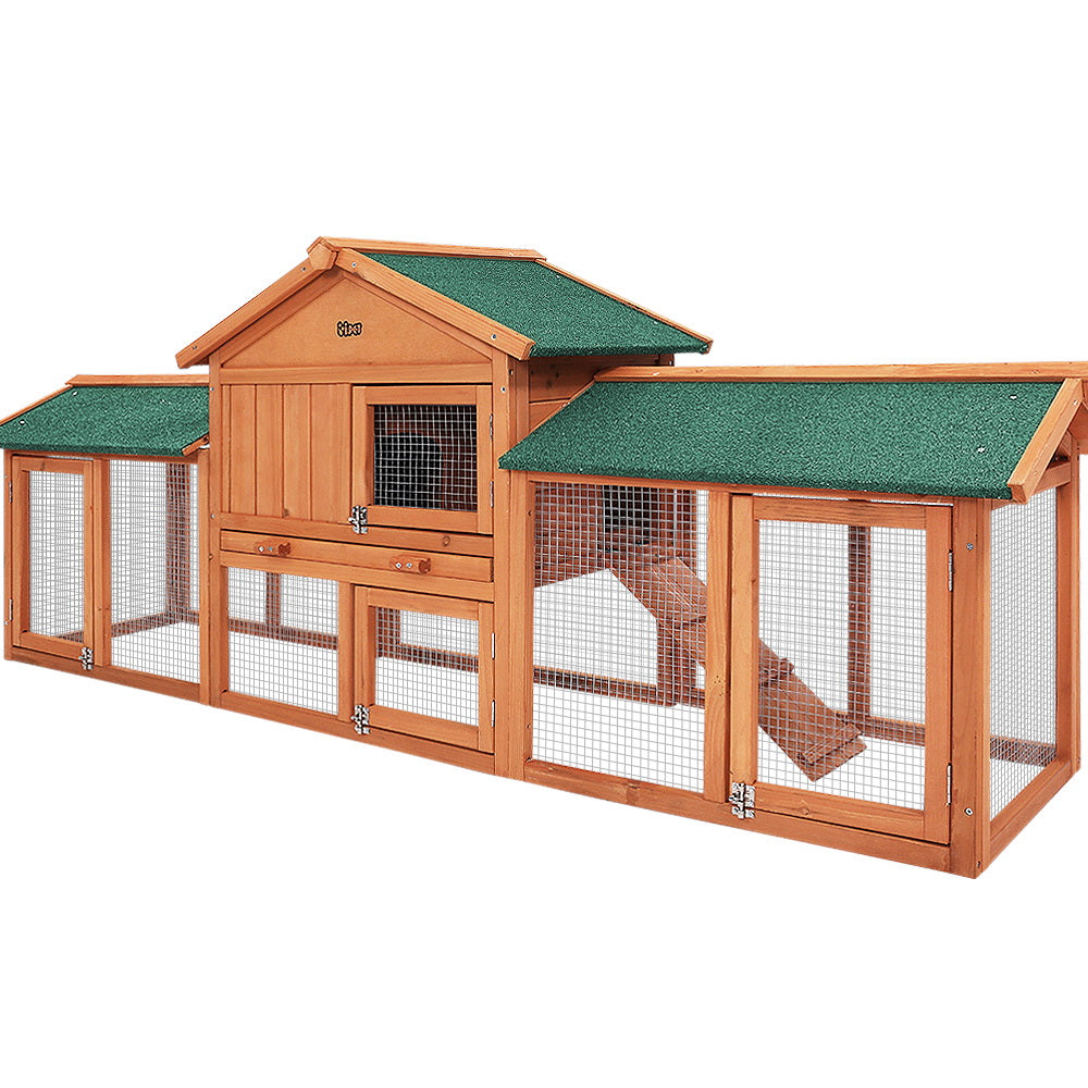 Small Animal Habitats & Cages: i.Pet Chicken Coop Rabbit Hutch 220cm x 44cm x 84cm Large Chicken Coop Run Wooden Outdoor Cage House