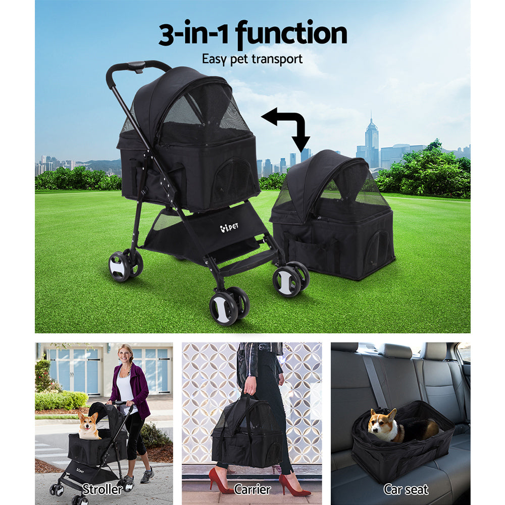 Cat Carriers & Crates: i.Pet Pet Stroller Dog Pram Cat Carrier Travel Large Pushchair Foldable 4 Wheels Black