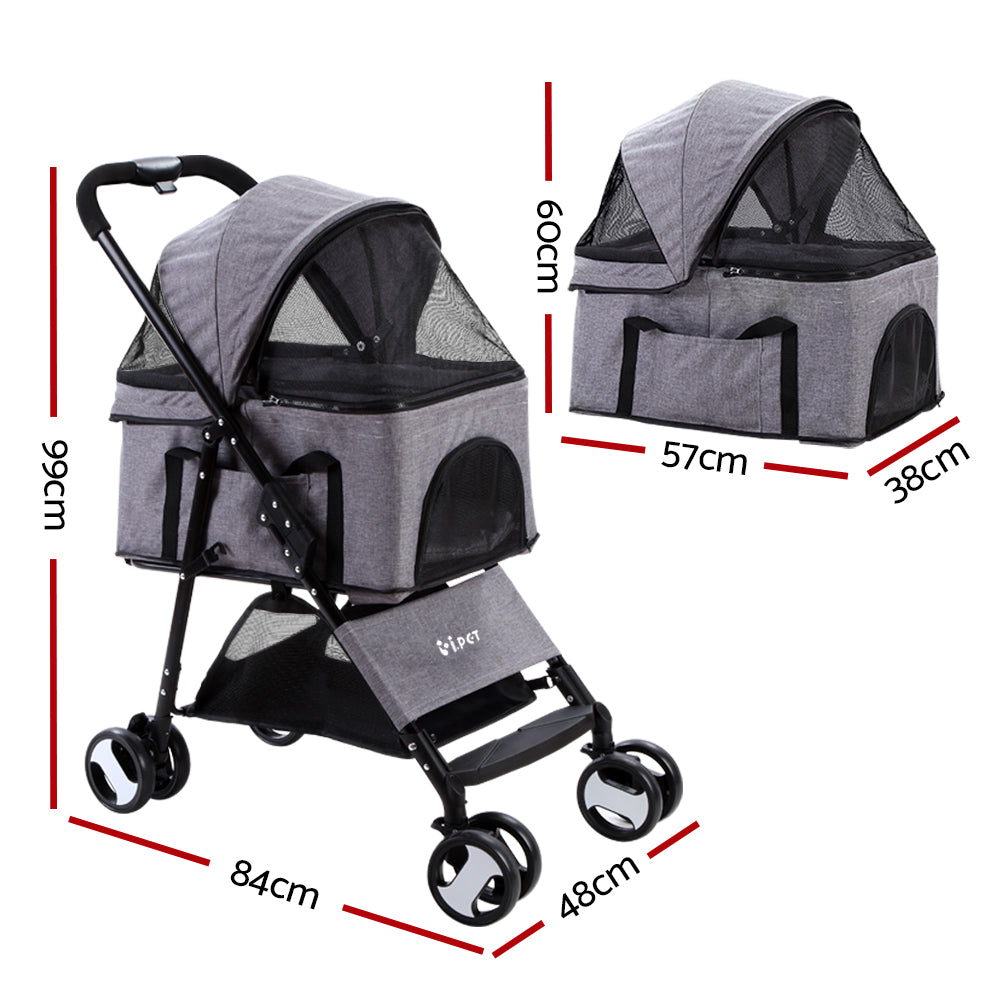 Cat Carriers & Crates: i.Pet Pet Stroller Dog Pram Cat Carrier Travel Large Pushchair Foldable 4 Wheels Grey