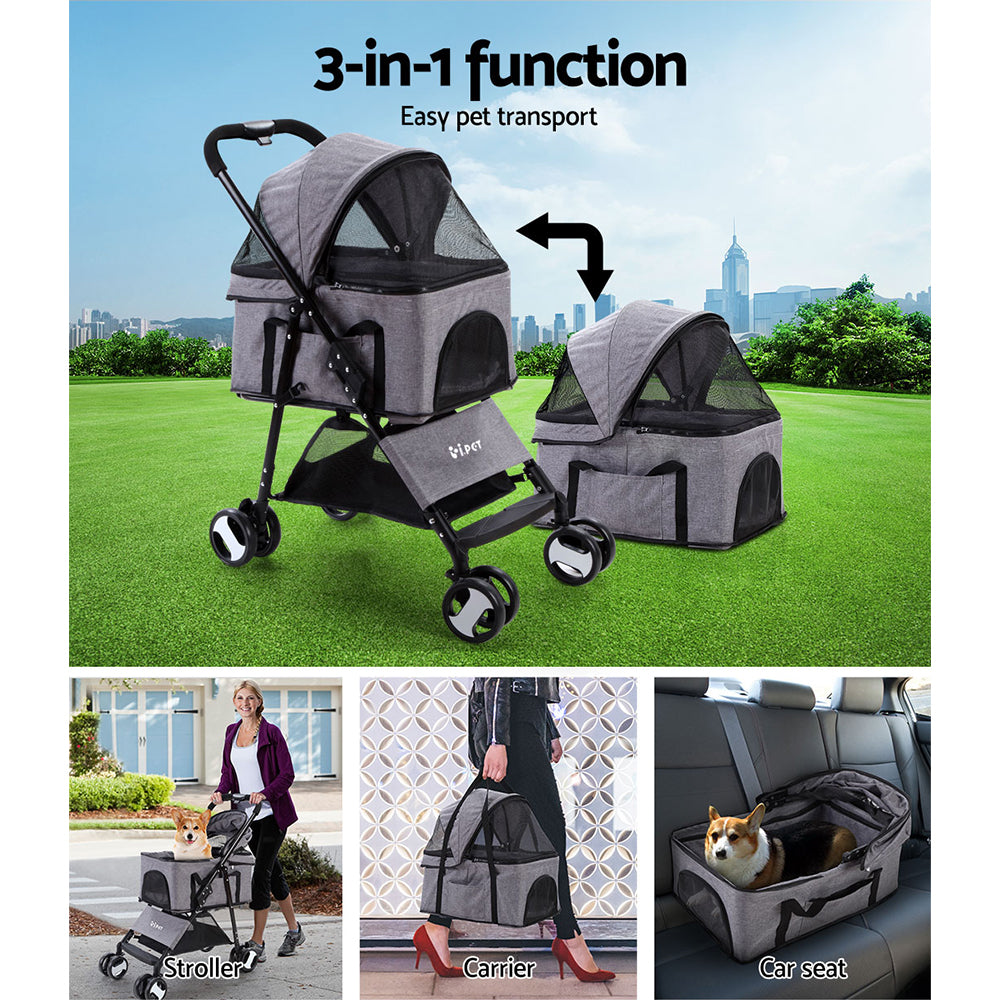 Cat Carriers & Crates: i.Pet Pet Stroller Dog Pram Cat Carrier Travel Large Pushchair Foldable 4 Wheels Grey