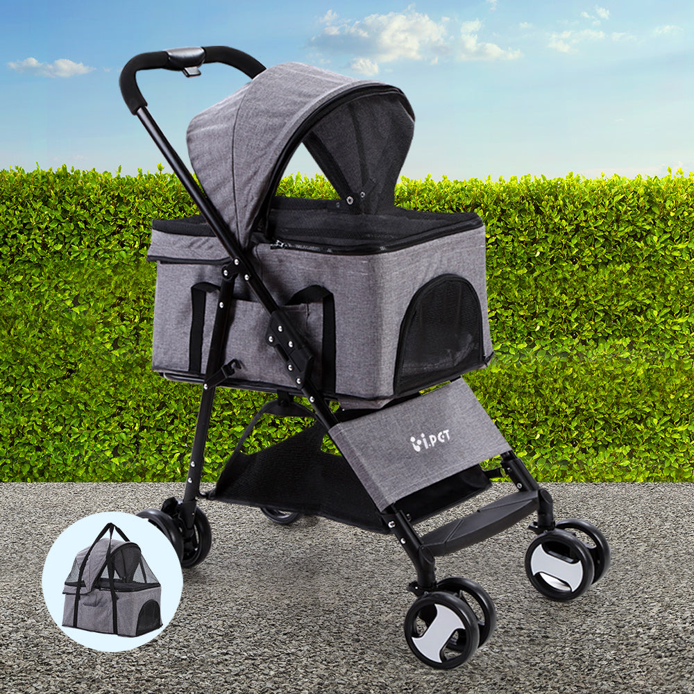 Cat Carriers & Crates: i.Pet Pet Stroller Dog Pram Cat Carrier Travel Large Pushchair Foldable 4 Wheels Grey