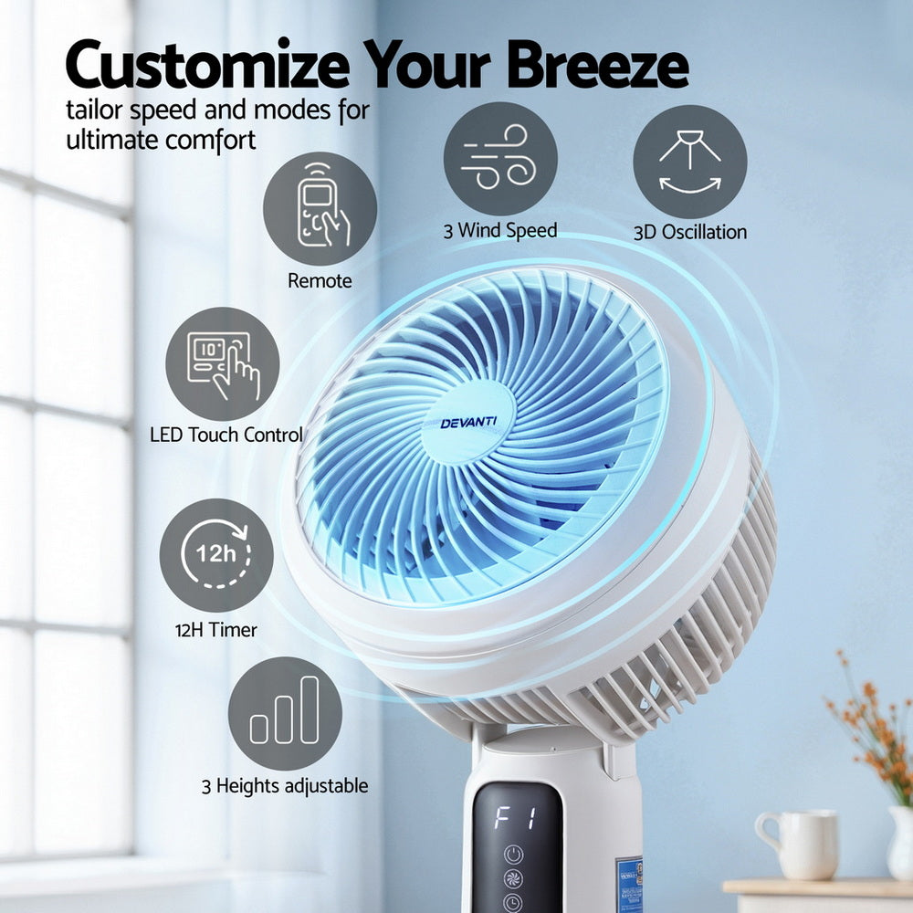 Portable Fans: Devanti Pedestal Fan W/ Remote 3 Speed 12H Timer Height Adjustable Cooling Fan