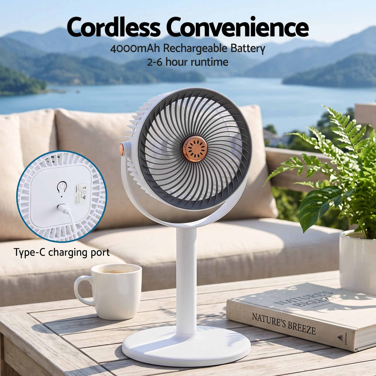 Devanti Rechargeable Pedestal Fan, 4000mAh Battery 5 Speed 4 Height, White
