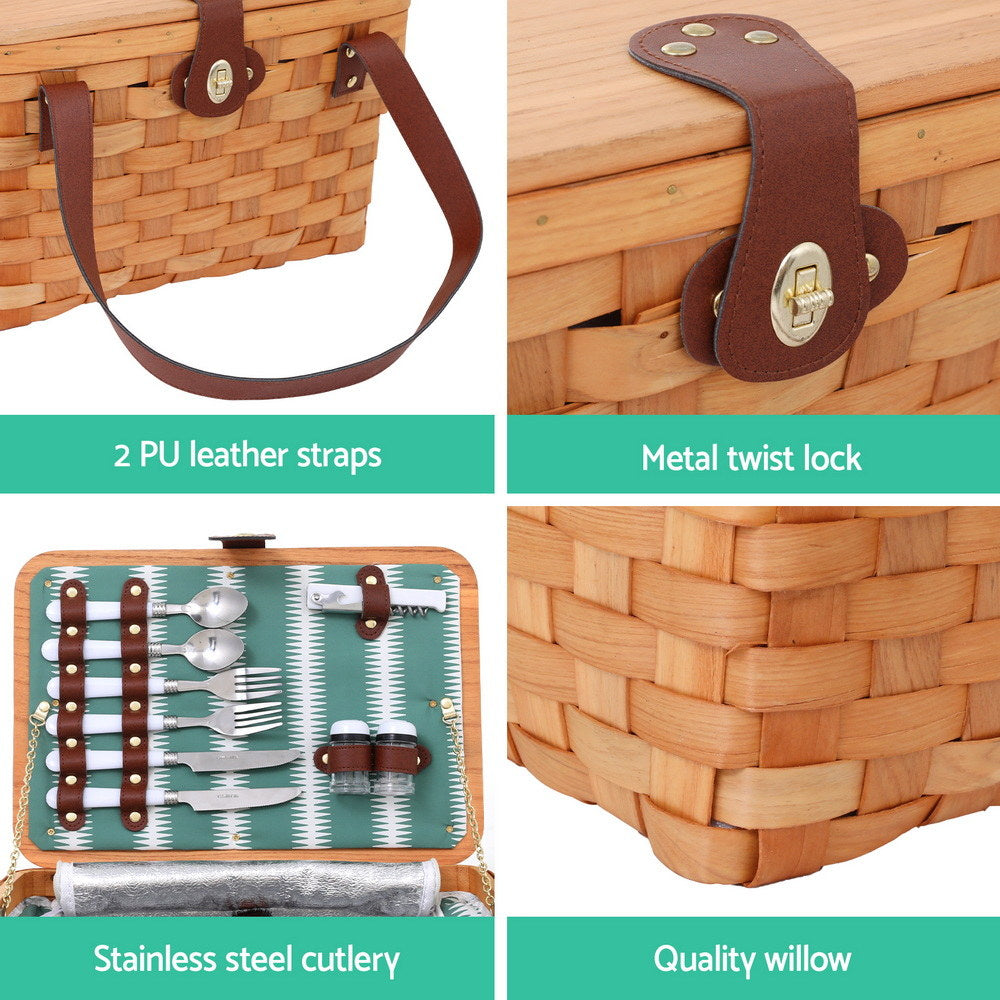 Picnic Baskets: Alfresco 2 Person Picnic Basket Set Wooden Cooler Bag Plates Outdoor Insulated