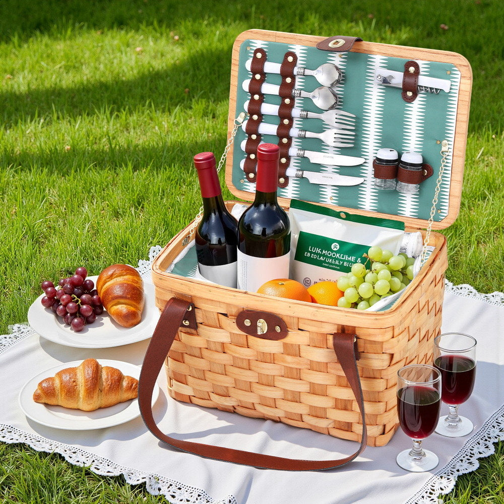 Picnic Baskets: Alfresco 2 Person Picnic Basket Set Wooden Cooler Bag Plates Outdoor Insulated