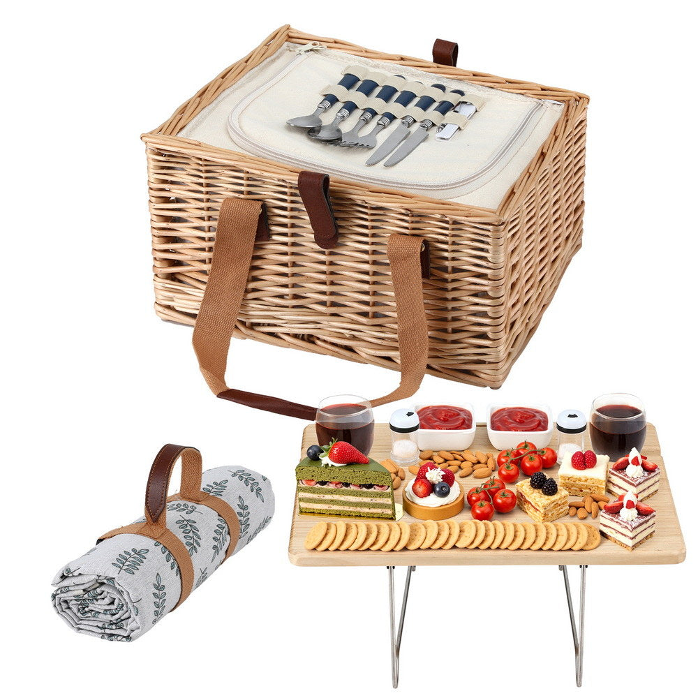 Picnic Baskets: Alfresco 2 Person Picnic Basket Set with Table Blanket Cooler Wooden Insulated