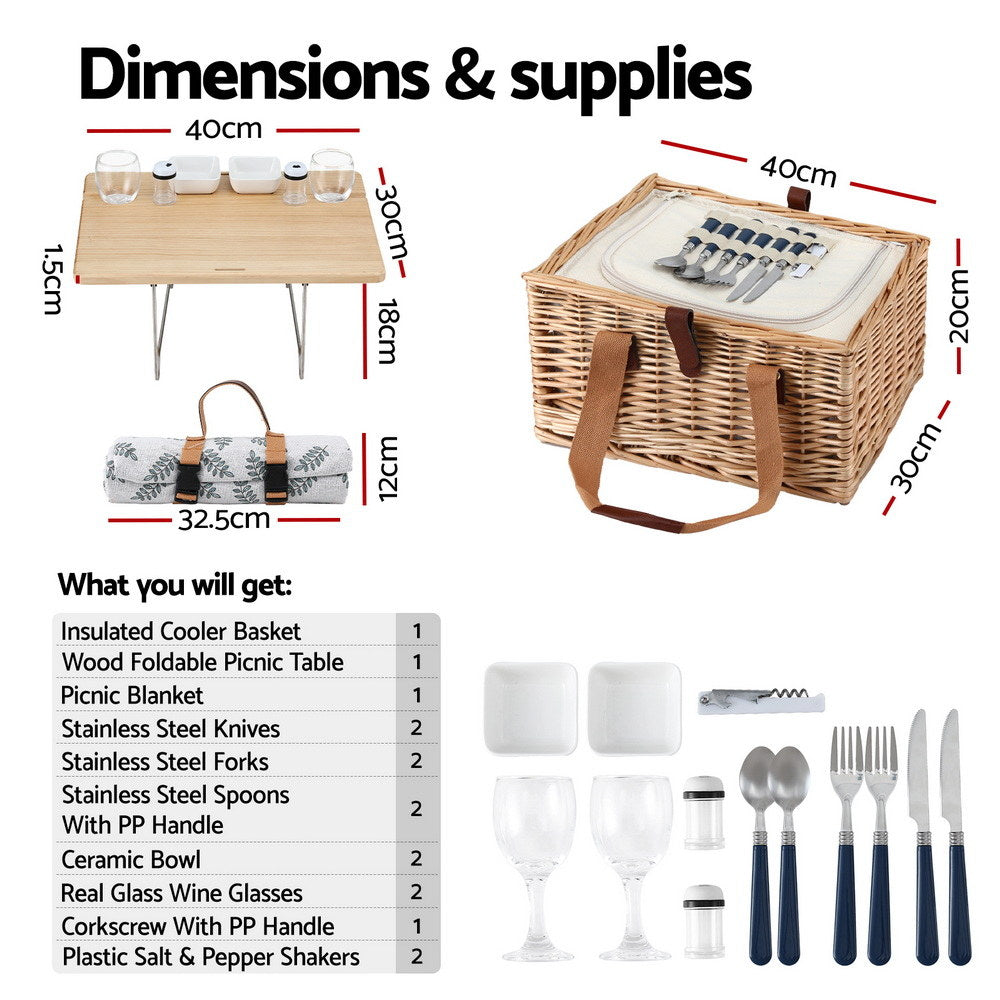 Picnic Baskets: Alfresco 2 Person Picnic Basket Set with Table Blanket Cooler Wooden Insulated
