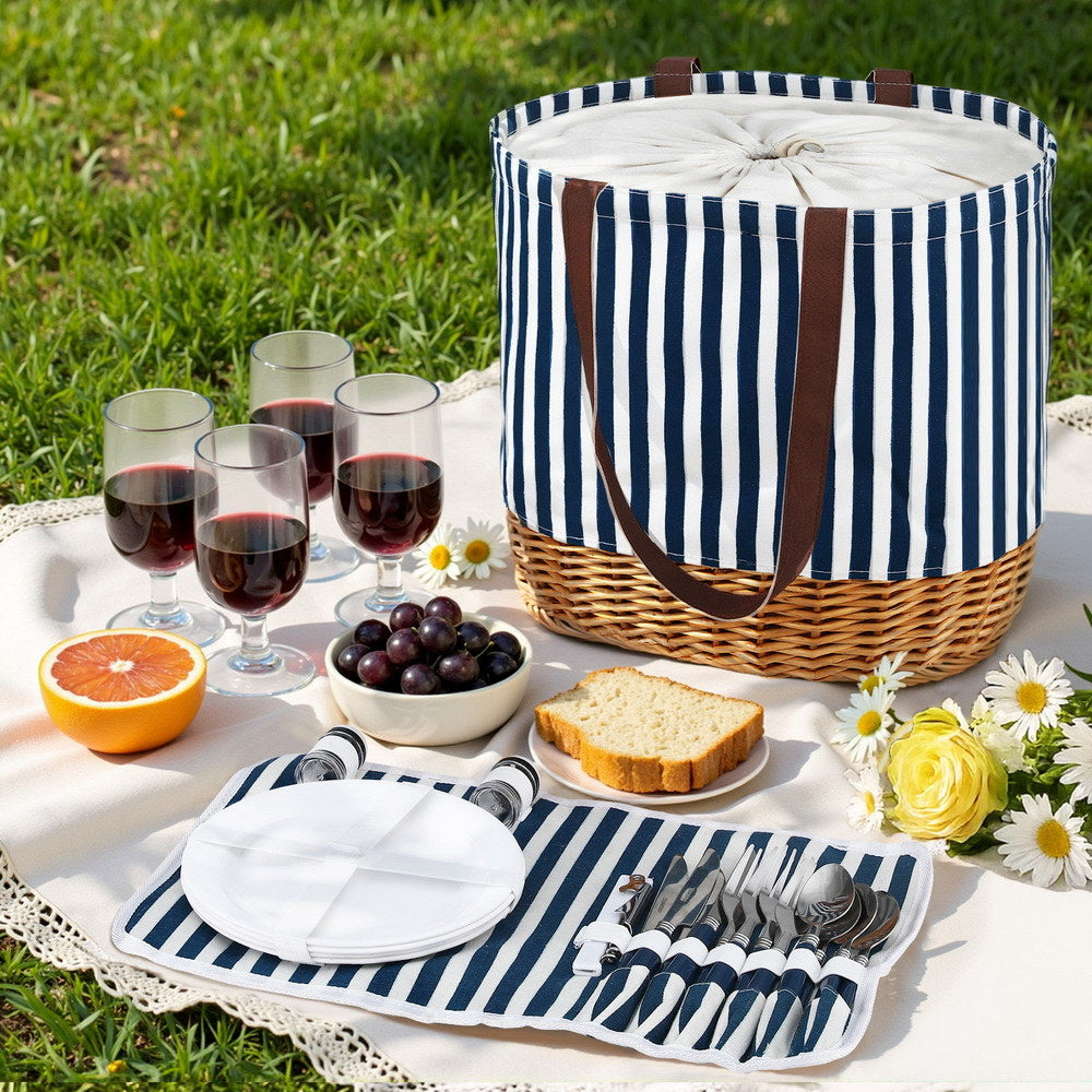 Picnic Baskets: Alfresco 4 Person Picnic Basket Bag Set Wooden Blanket Cooler Outdoor Insulated