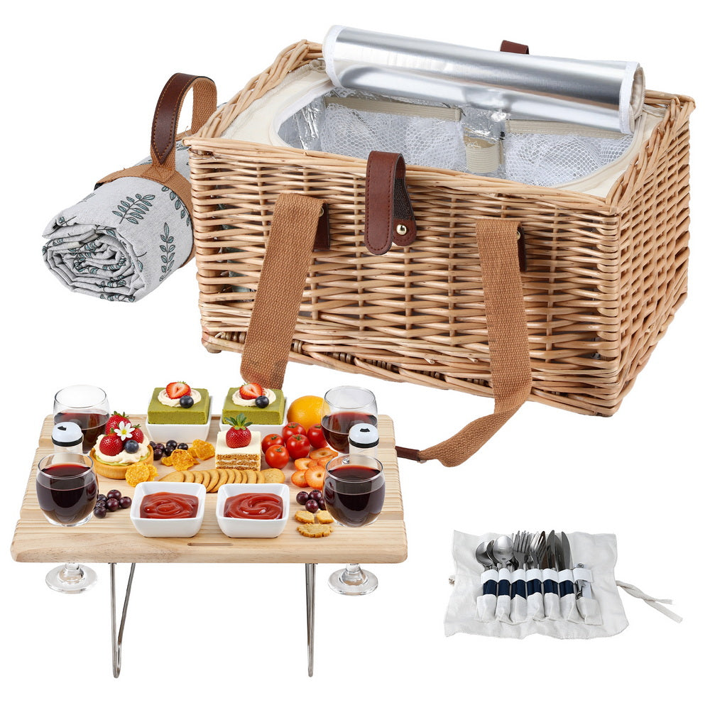 Picnic Baskets: Alfresco 4 Person Picnic Basket Set with Table Blanket Cooler Wooden Insulated