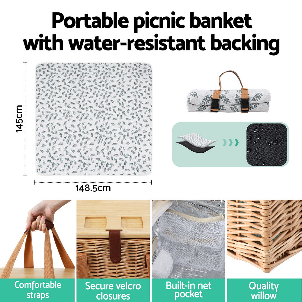 Picnic Baskets: Alfresco 4 Person Picnic Basket Set with Table Blanket Cooler Wooden Insulated