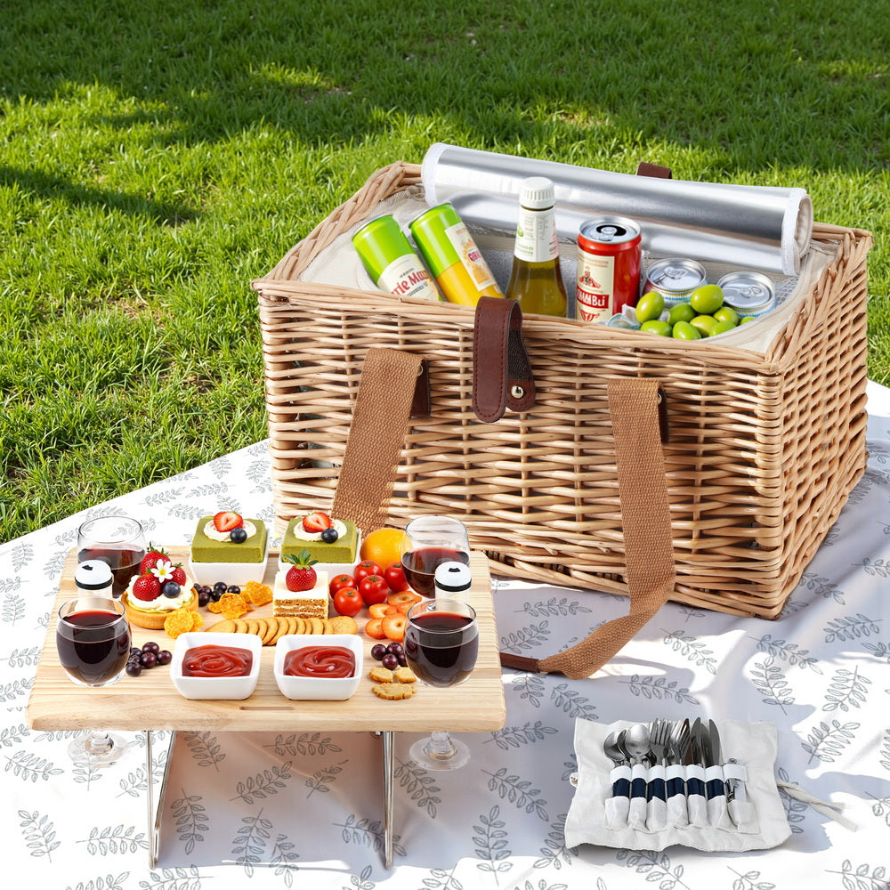 Picnic Baskets: Alfresco 4 Person Picnic Basket Set with Table Blanket Cooler Wooden Insulated