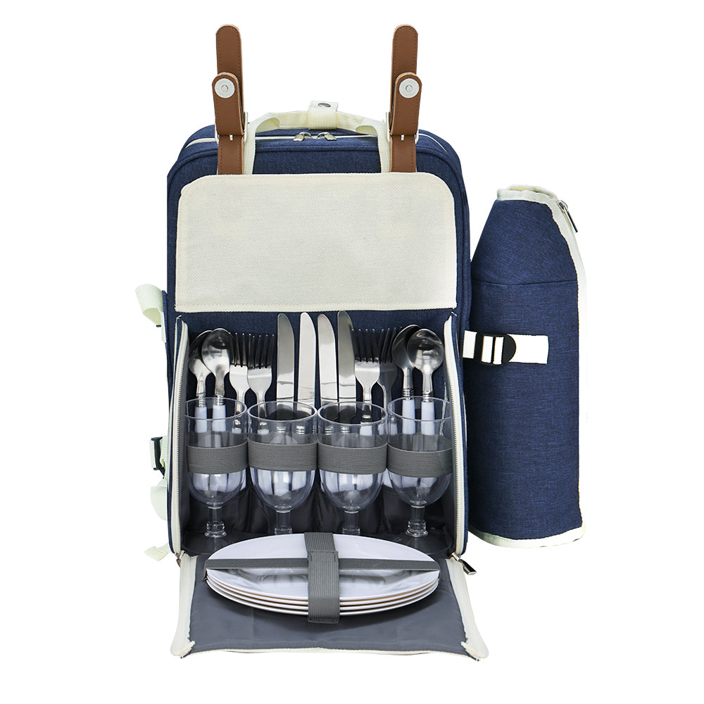 Picnic Baskets: Alfresco 4 Person Picnic Basket Set Backpack Bag Insulated Blue