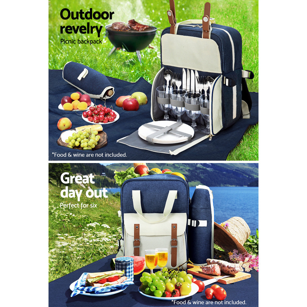 Picnic Baskets: Alfresco 4 Person Picnic Basket Set Backpack Bag Insulated Blue