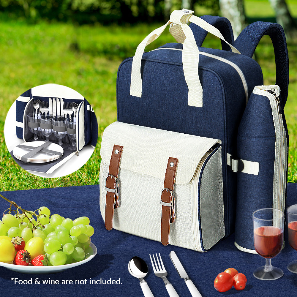 Picnic Baskets: Alfresco 4 Person Picnic Basket Set Backpack Bag Insulated Blue