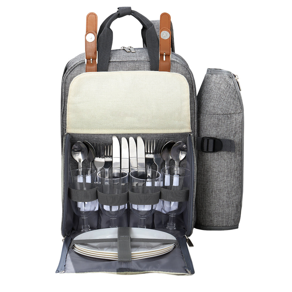 Picnic Baskets: Alfresco 4 Person Picnic Basket Set Backpack Bag Insulated Grey