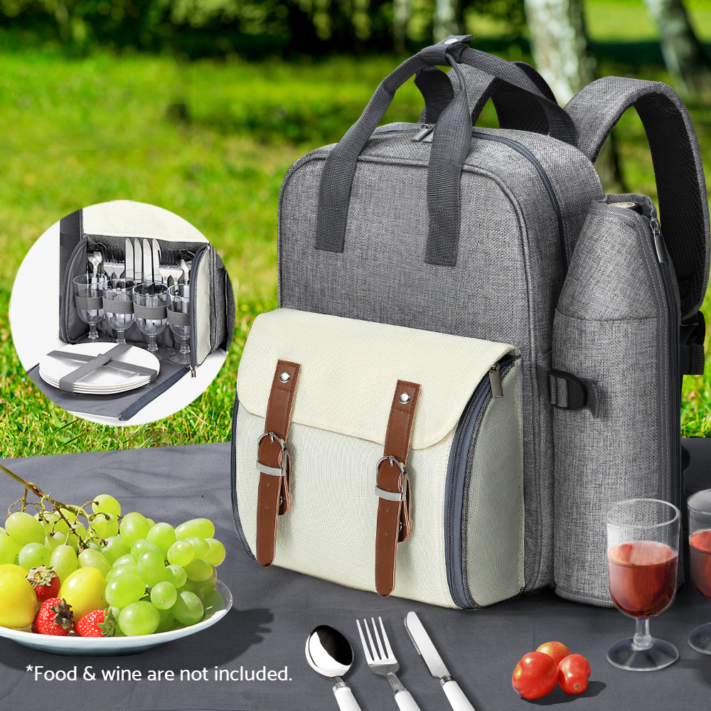 Picnic Baskets: Alfresco 4 Person Picnic Basket Set Backpack Bag Insulated Grey
