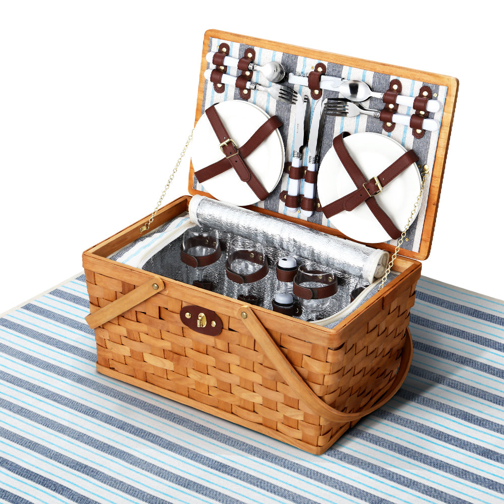 Picnic Baskets: Alfresco 4 Person Picnic Basket Set Wooden Blanket Cooler Bag Outdoor Insulated