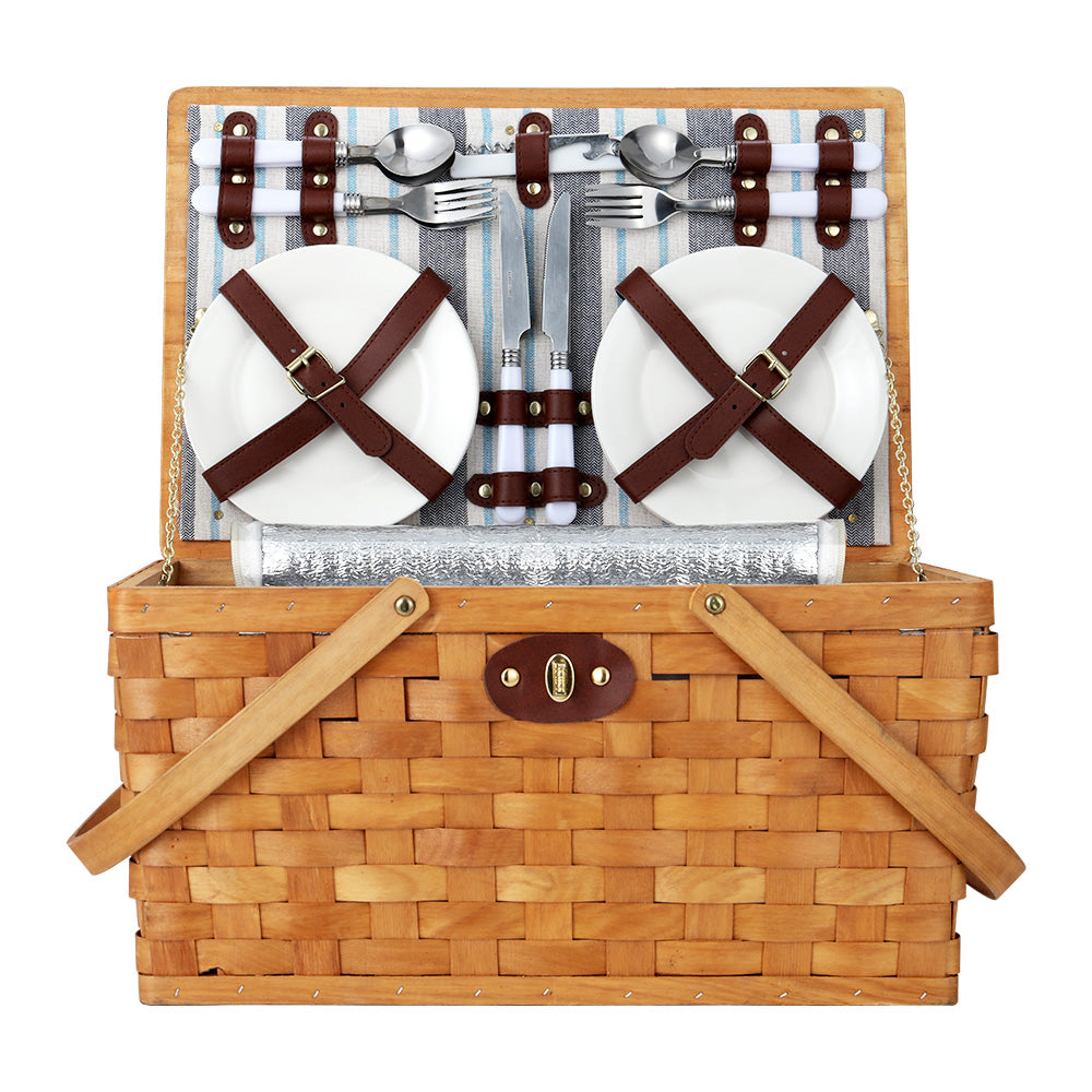 Picnic Baskets: Alfresco 4 Person Picnic Basket Set Wooden Blanket Cooler Bag Outdoor Insulated