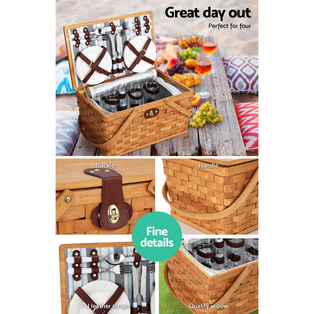 Picnic Baskets: Alfresco 4 Person Picnic Basket Set Wooden Blanket Cooler Bag Outdoor Insulated