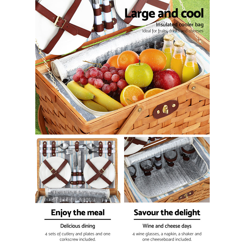 Picnic Baskets: Alfresco 4 Person Picnic Basket Set Wooden Blanket Cooler Bag Outdoor Insulated