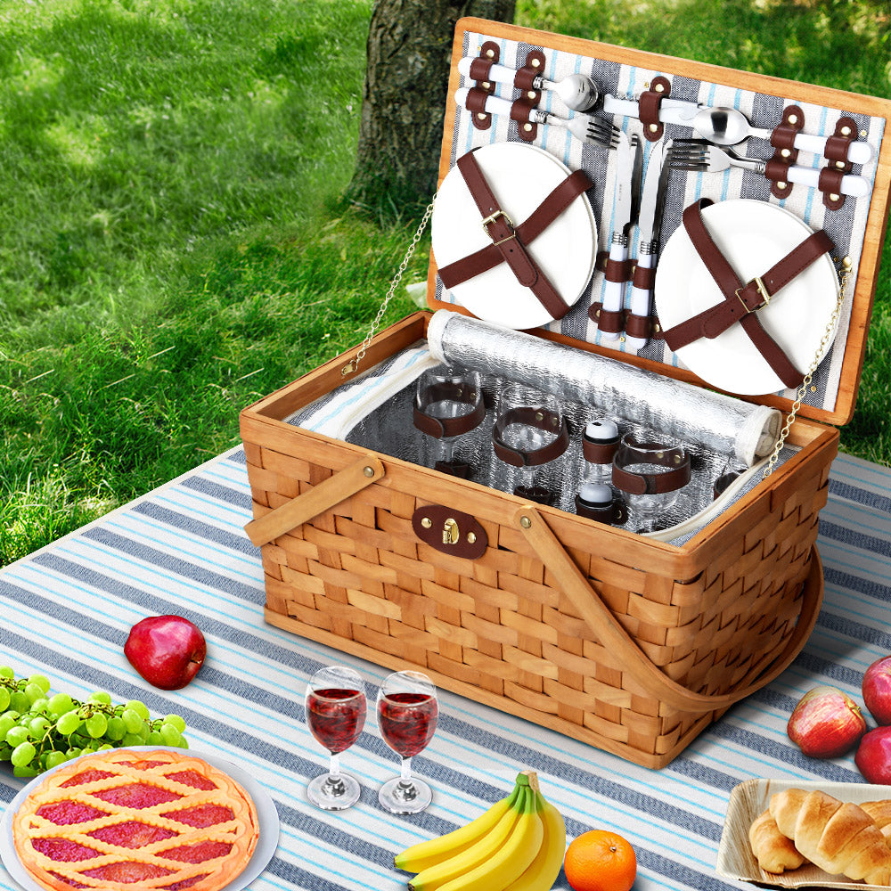 Picnic Baskets: Alfresco 4 Person Picnic Basket Set Wooden Blanket Cooler Bag Outdoor Insulated