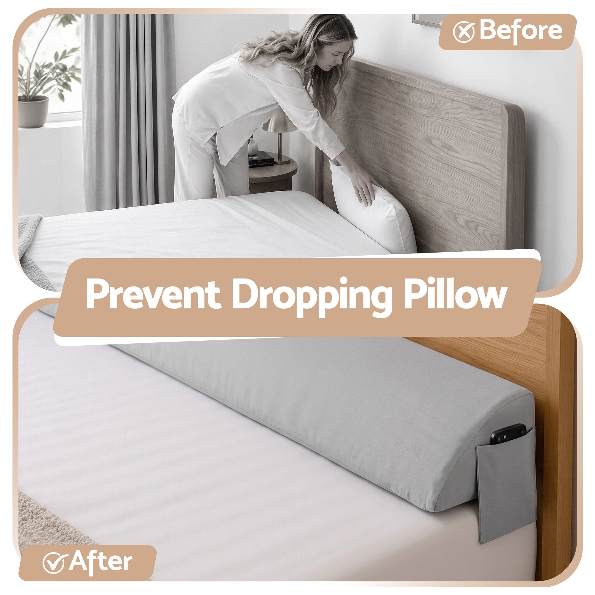 Giselle Double Bed Wedge Pillow For Headboard, Close Gap And Stop Pillows Sliding, Perfect For Dorm Or Tatami Reading, 25D Foam Mattress Gap Filler With 2 Side Pockets, Washable 110gsm Cover