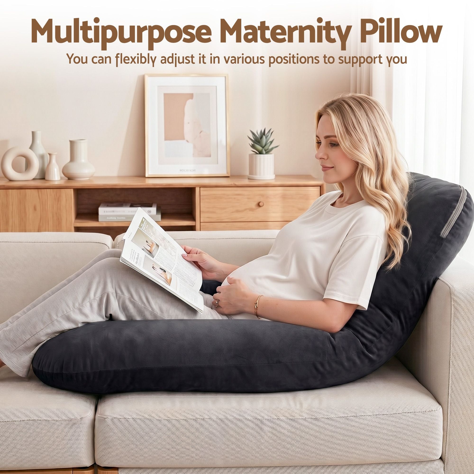 Giselle Bedding Pregnancy Pillow G-Shaped Full Body Pillow for Back and Belly Support Maternity Pillow with Removable Cover, Dark Grey 135x70 cm