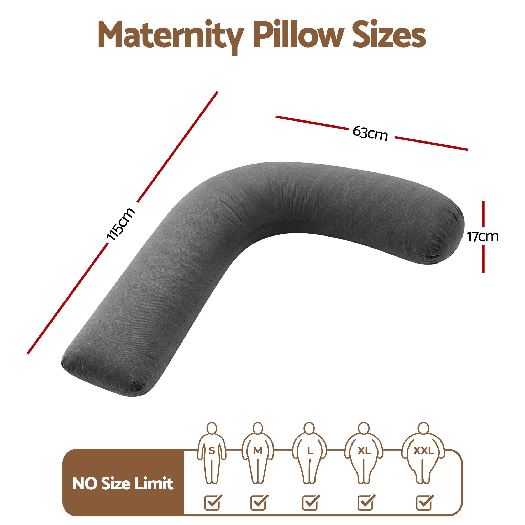 Giselle Bedding Pregnancy Pillow for Side Sleeping L-Shaped Maternity Body Pillow for Women 100% Cotton Jersey Cover for Head Neck Belly Support, 63x115 cm Grey