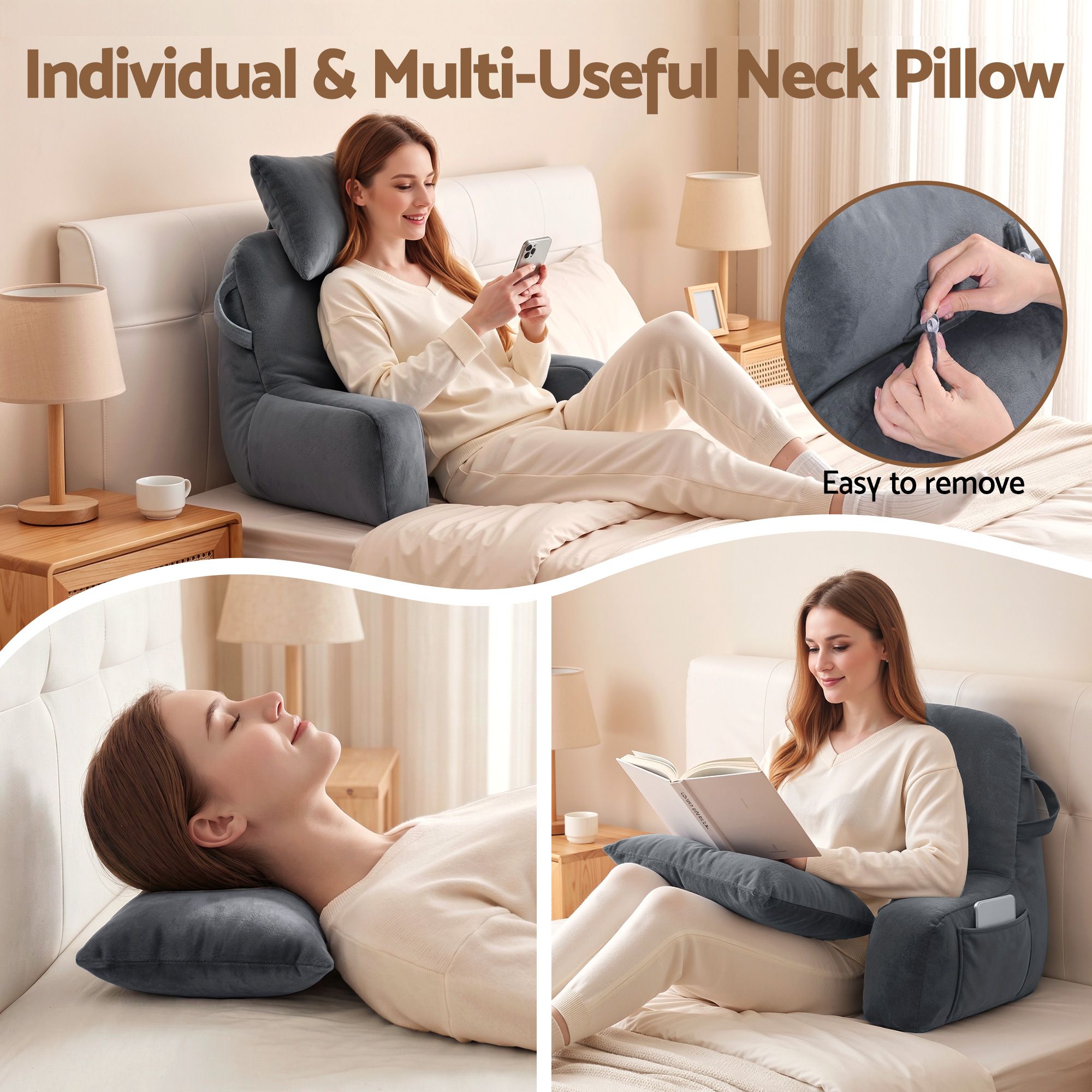 Giselle Bedding Reading Pillow with Detachable Neck Roll & Armrests Sit Up Pillow for Bed Back Support Pillow for Watching TV & Gaming Gray