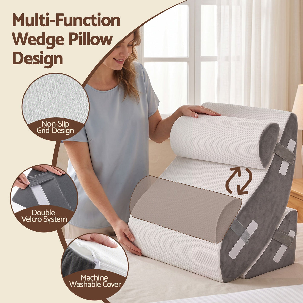 Giselle 4PCS Orthopedic Bed Wedge Pillow Set Anti-Slip Velcro System For Sleeping, 30D Gel Memory Foam Support Cushions For Acid Reflux And Leg Elevation