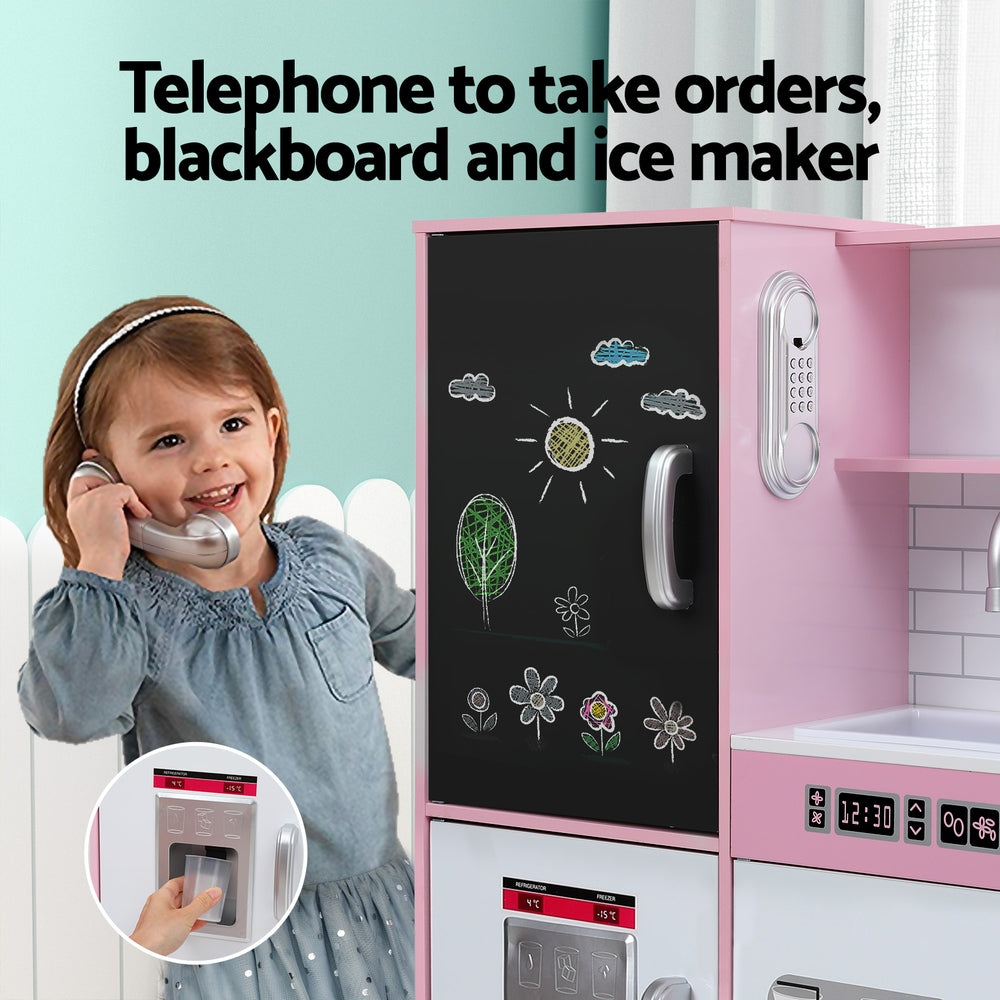 Pretend Play: Keezi Kids Wooden Pretend Kitchen Play Set Cooking Toys Pot Ice Cup Oven Blackboard 80CM Pink