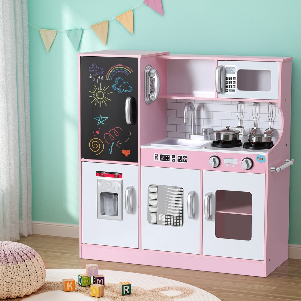 Pretend Play: Keezi Kids Wooden Pretend Kitchen Play Set Cooking Toys Pot Ice Cup Oven Blackboard 80CM Pink