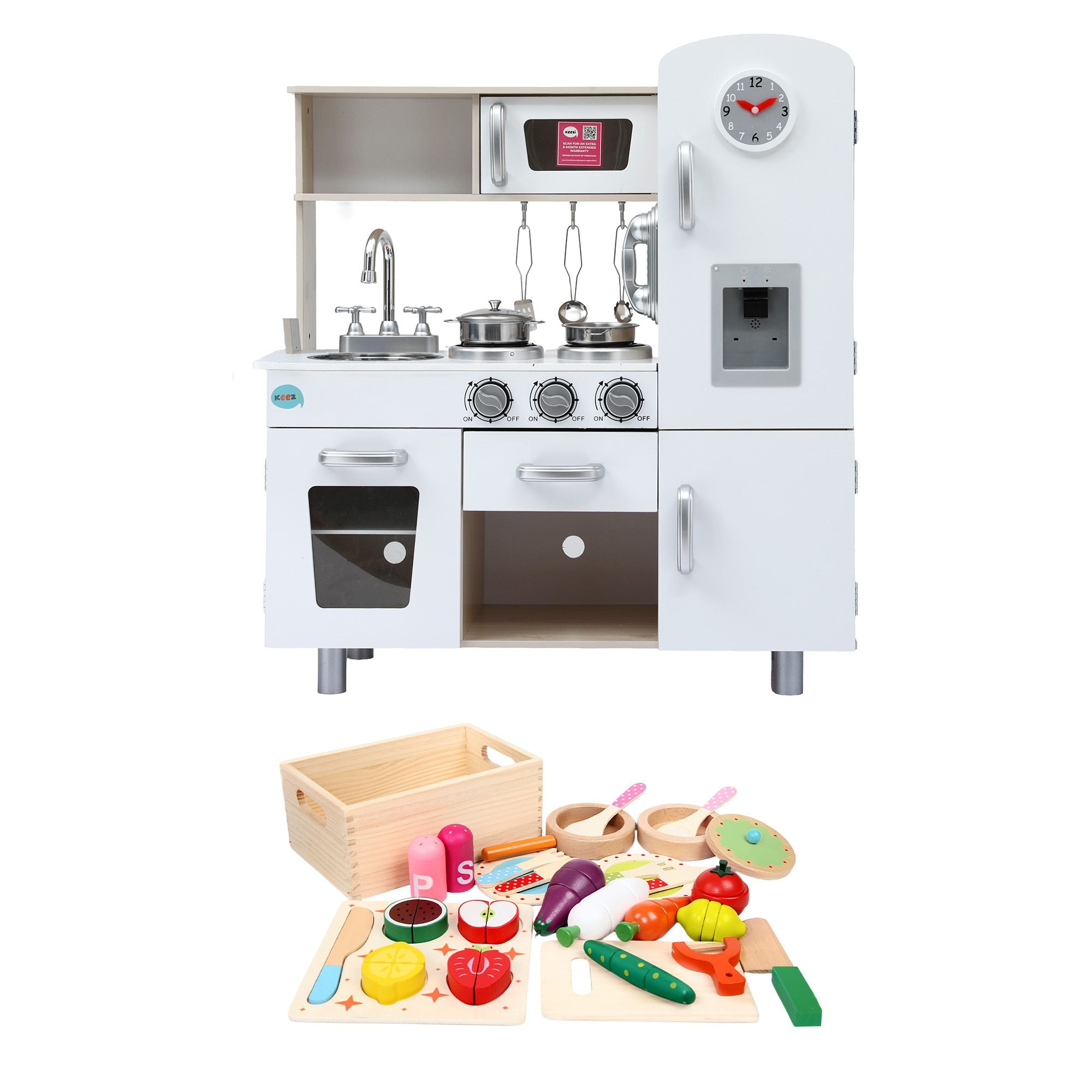 Keezi Kids Wooden Pretend Kitchen Playset with 29pc Cutting Food Set