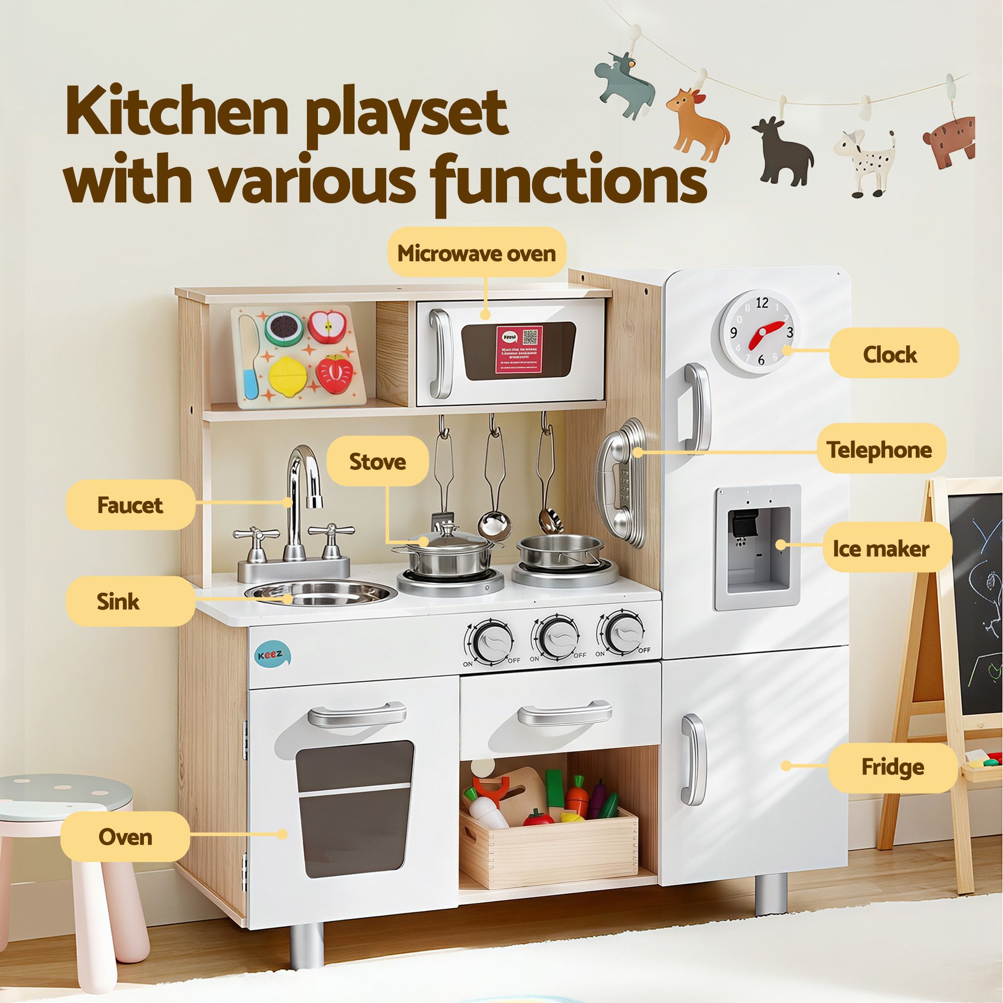 Keezi Kids Wooden Pretend Kitchen Playset with 29pc Cutting Food Set