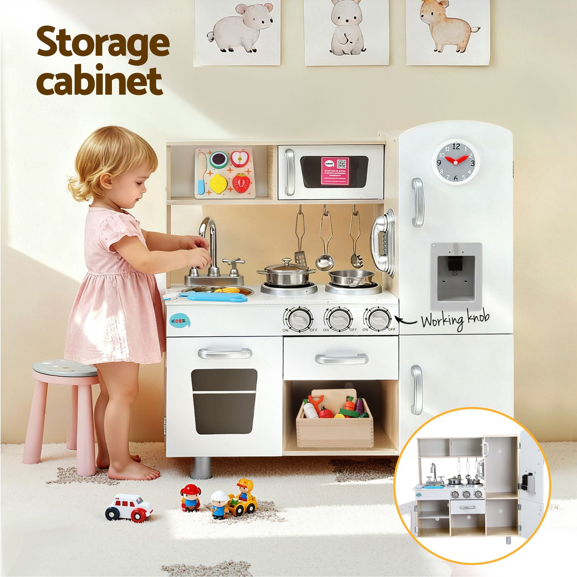 Keezi Kids Wooden Pretend Kitchen Playset with 29pc Cutting Food Set