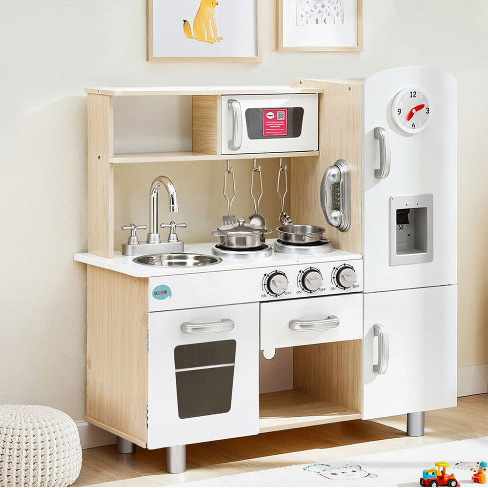 Pretend Play: Keezi Kids Kitchen Play Set Wooden Pretend Toys Cooking Children Clock Beige