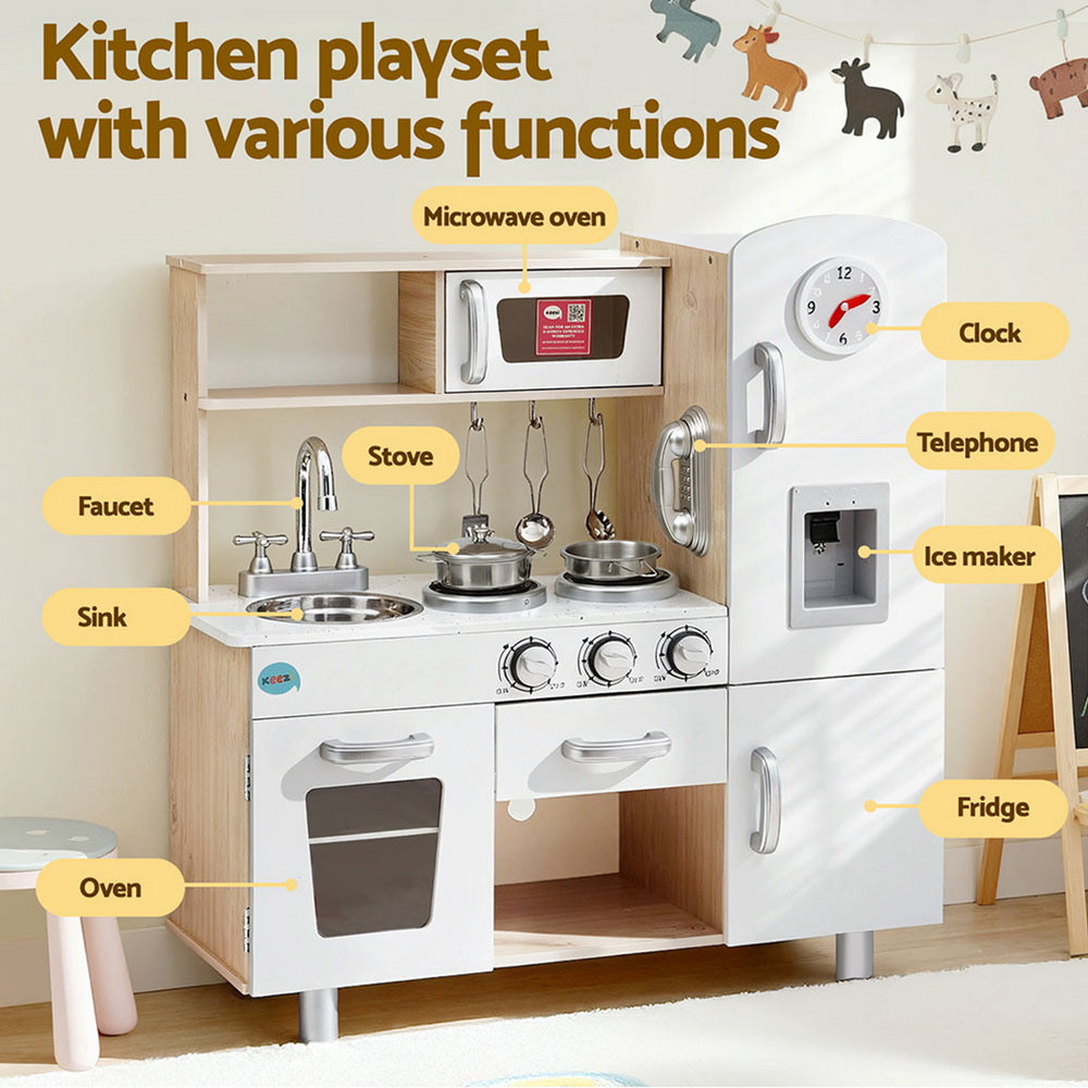 Pretend Play: Keezi Kids Kitchen Play Set Wooden Pretend Toys Cooking Children Clock Beige