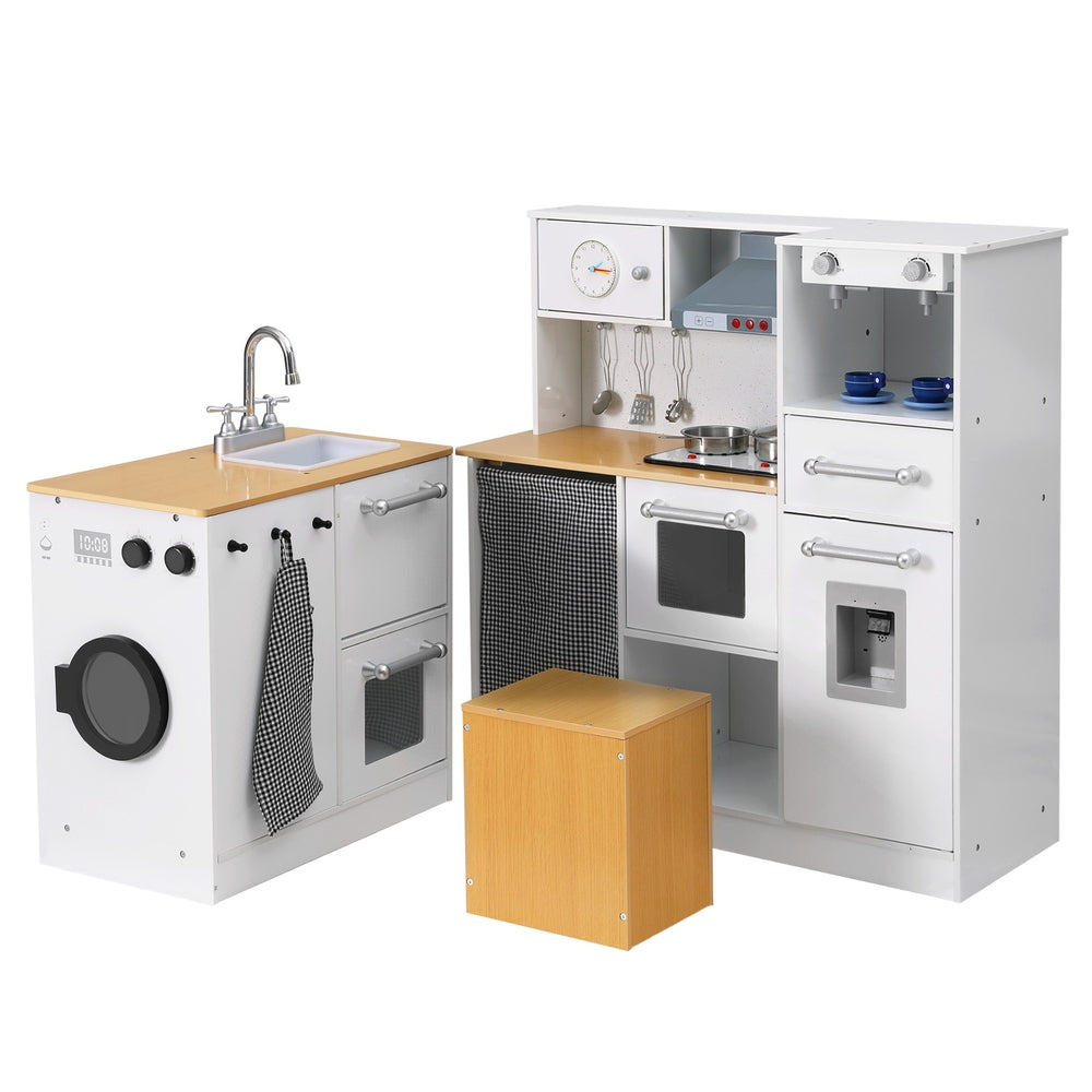Pretend Play: Keezi Kids Kitchen Playset 2-Piece Wooden Pretend Play Coffee Maker Toy 80CM White