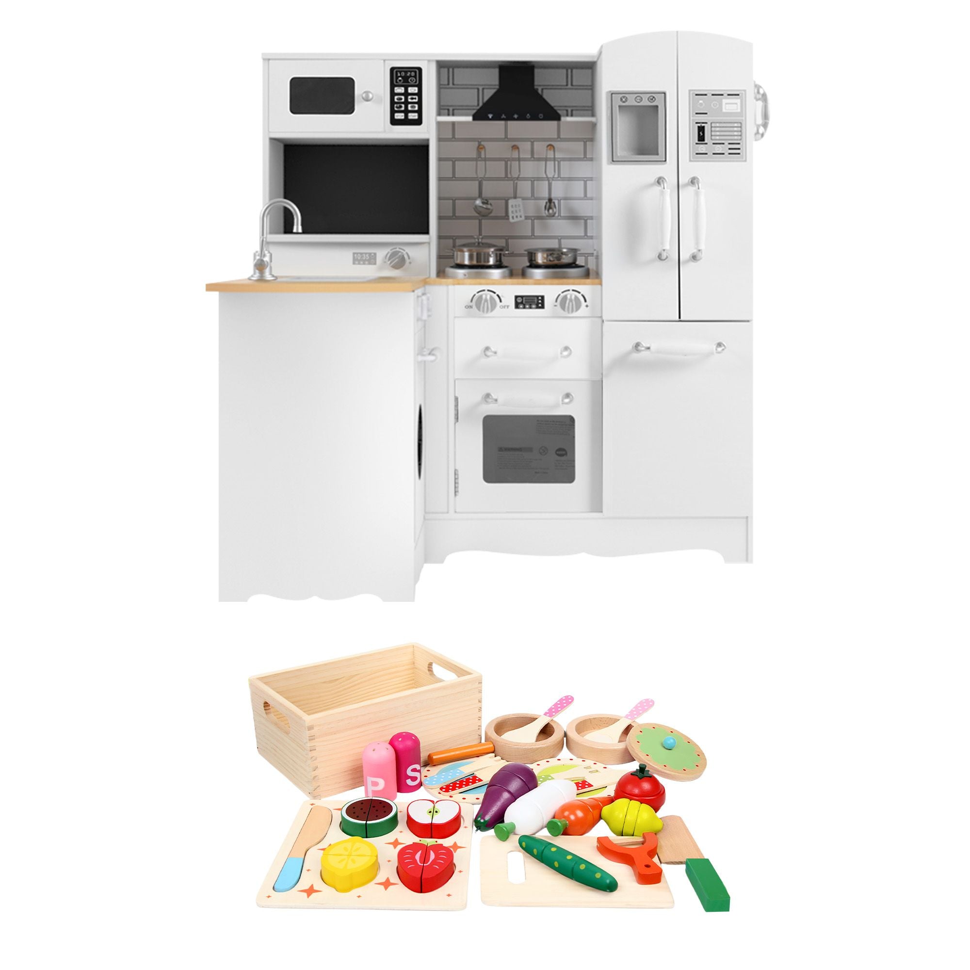 Keezi Kids Wooden Toy Kitchen with 29pc Play Food and Cookware Set