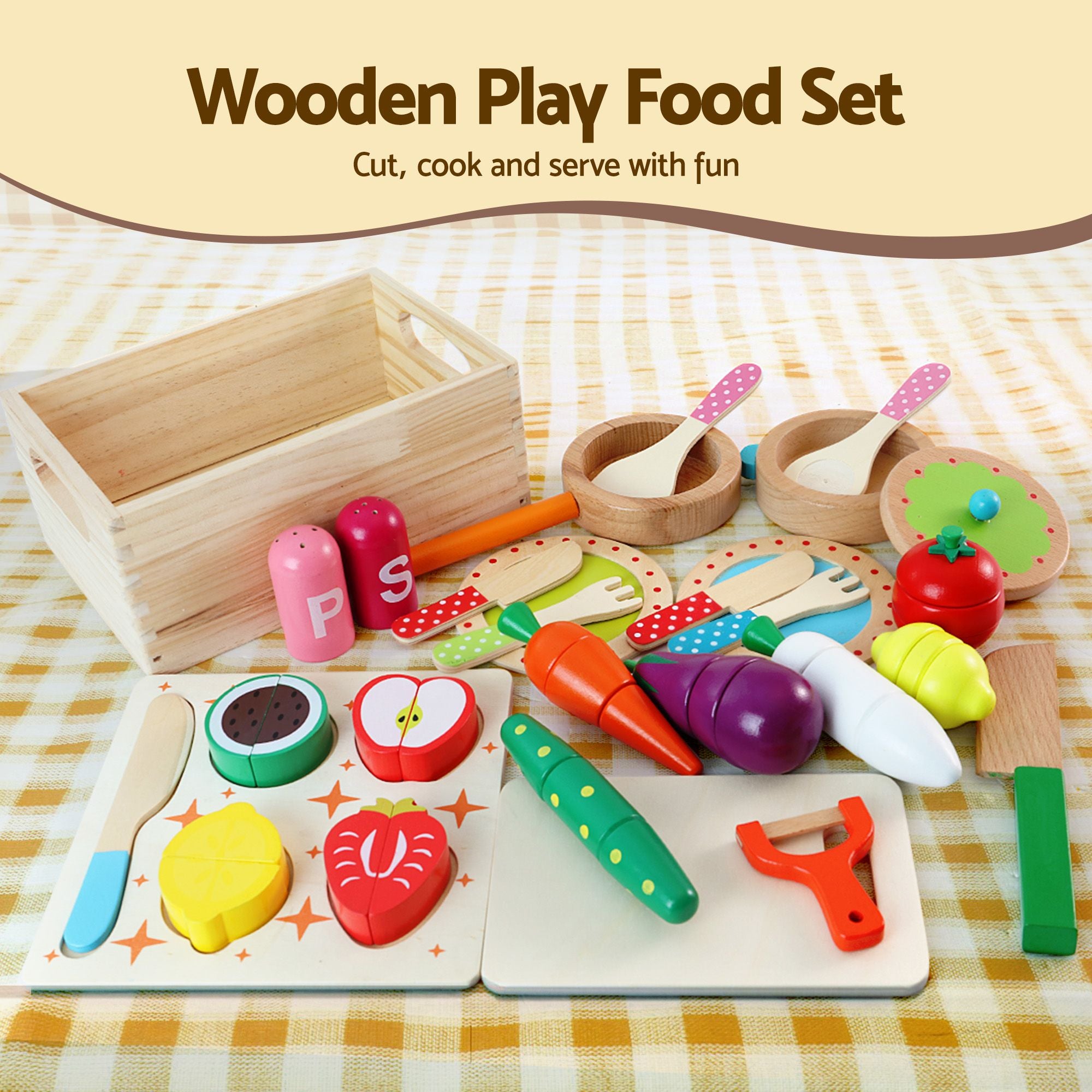 Keezi Kids Wooden Toy Kitchen with 29pc Play Food and Cookware Set