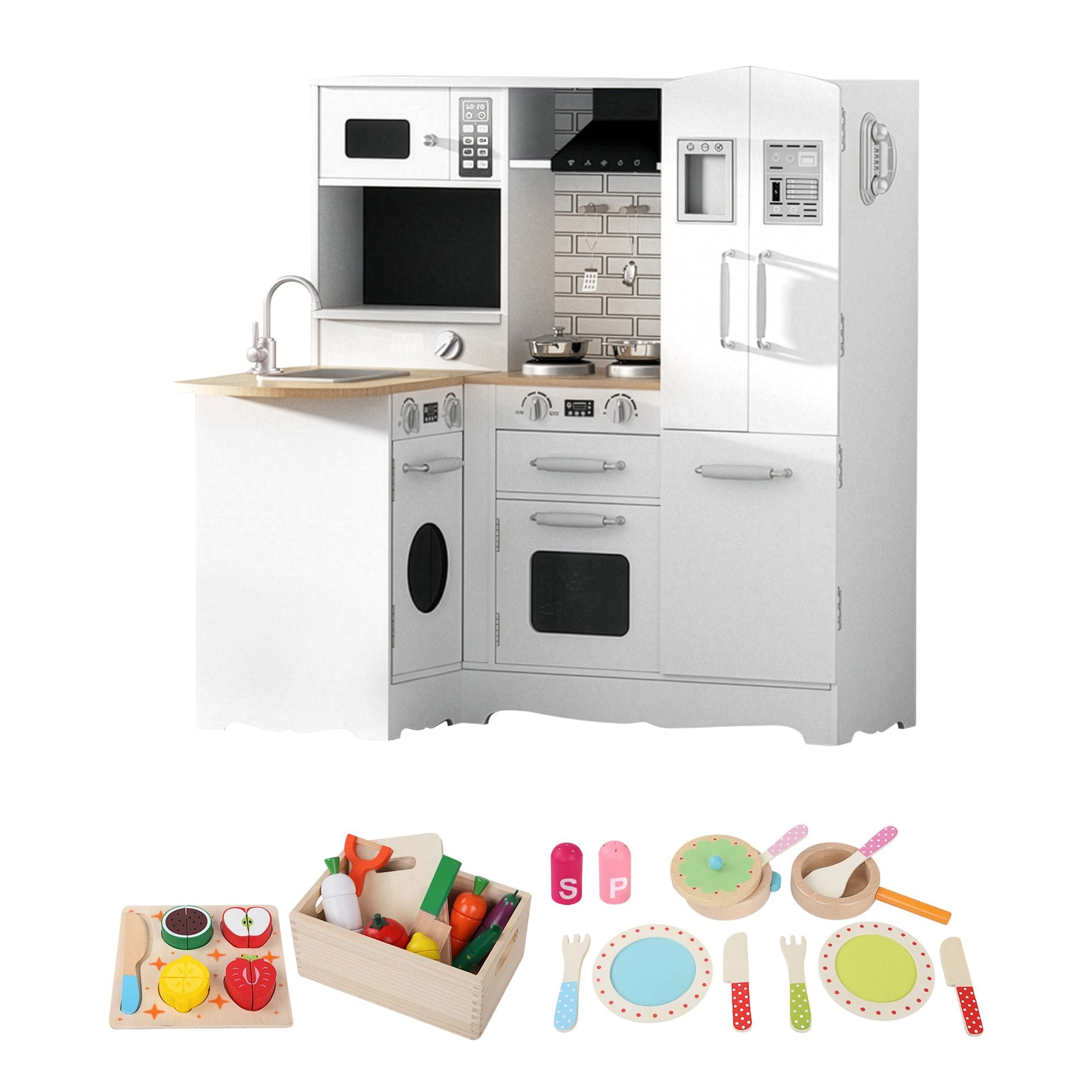 Keezi Kids Wooden Toy Kitchen with 29pc Play Food and Cookware Set