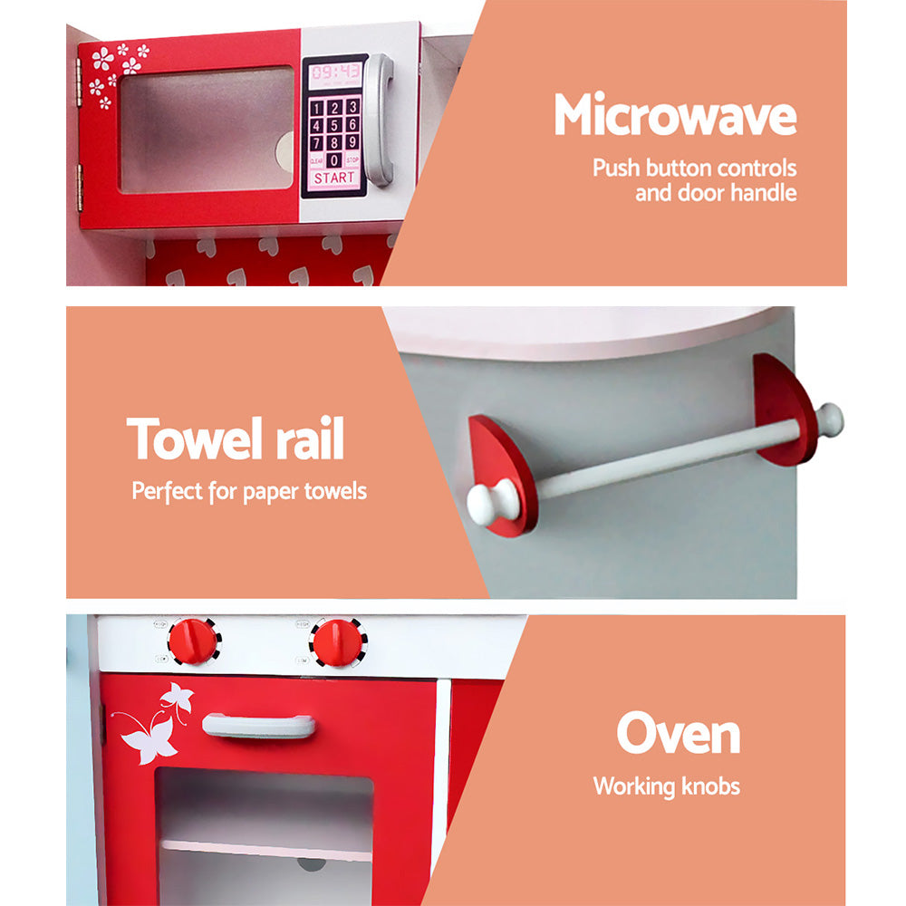 Pretend Play: Keezi Kids Kitchen Play Set Wooden Pretend Toys Cooking Children Fridge Oven Red