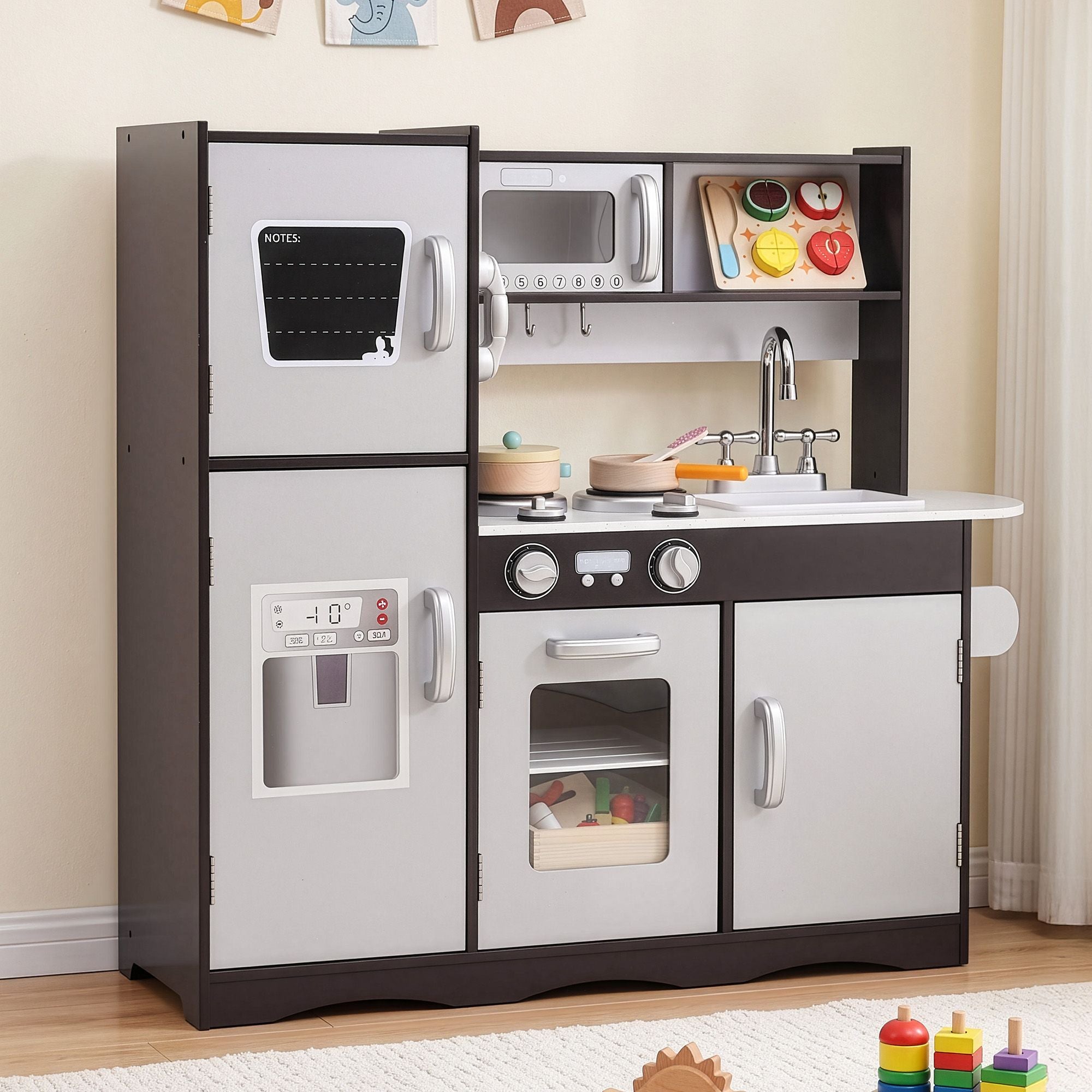 Keezi Kids Play Kitchen Pretend Toy Kitchen With Wooden Play Food Set